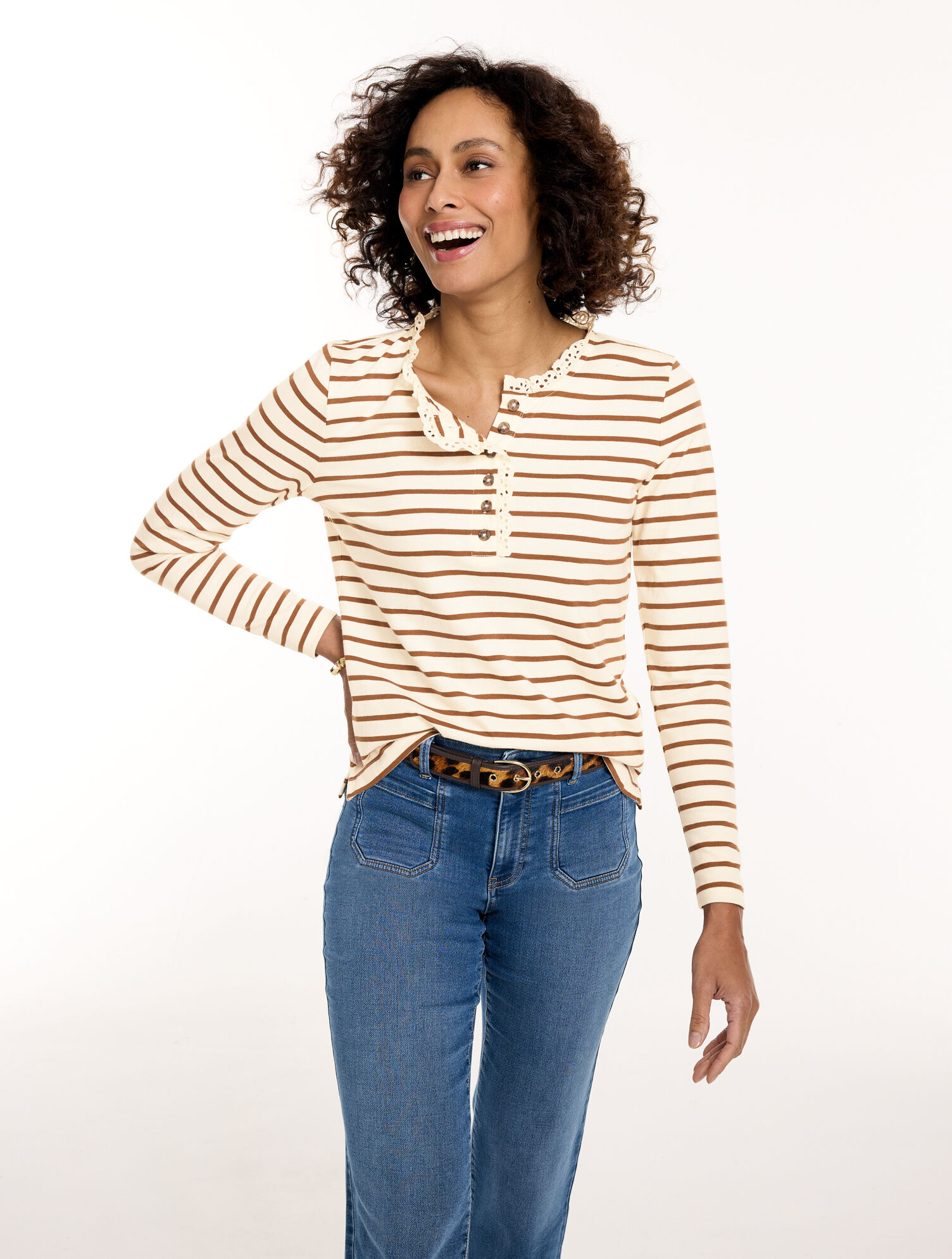 Ruffle Neck Henley - Lorelai Stripe