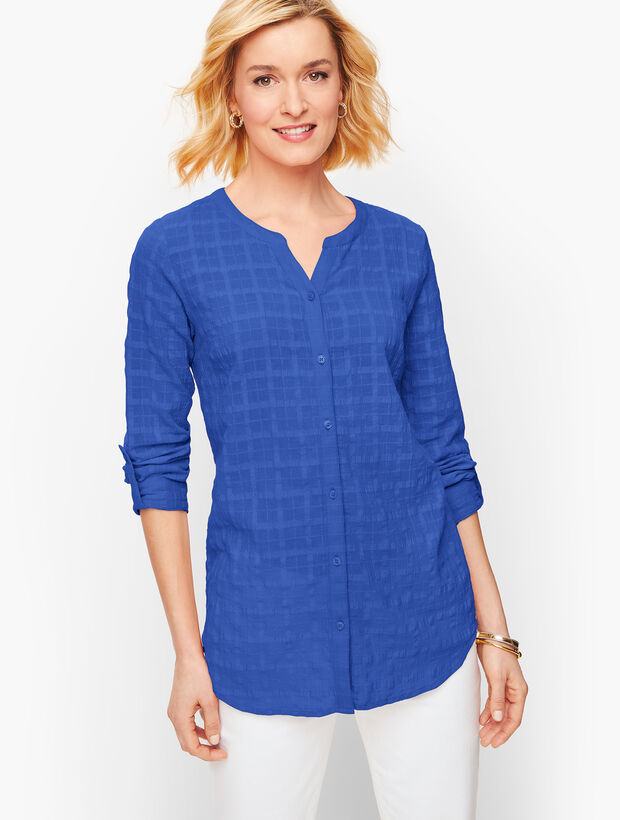 Textured Plaid Button Tab Shirt Talbots
