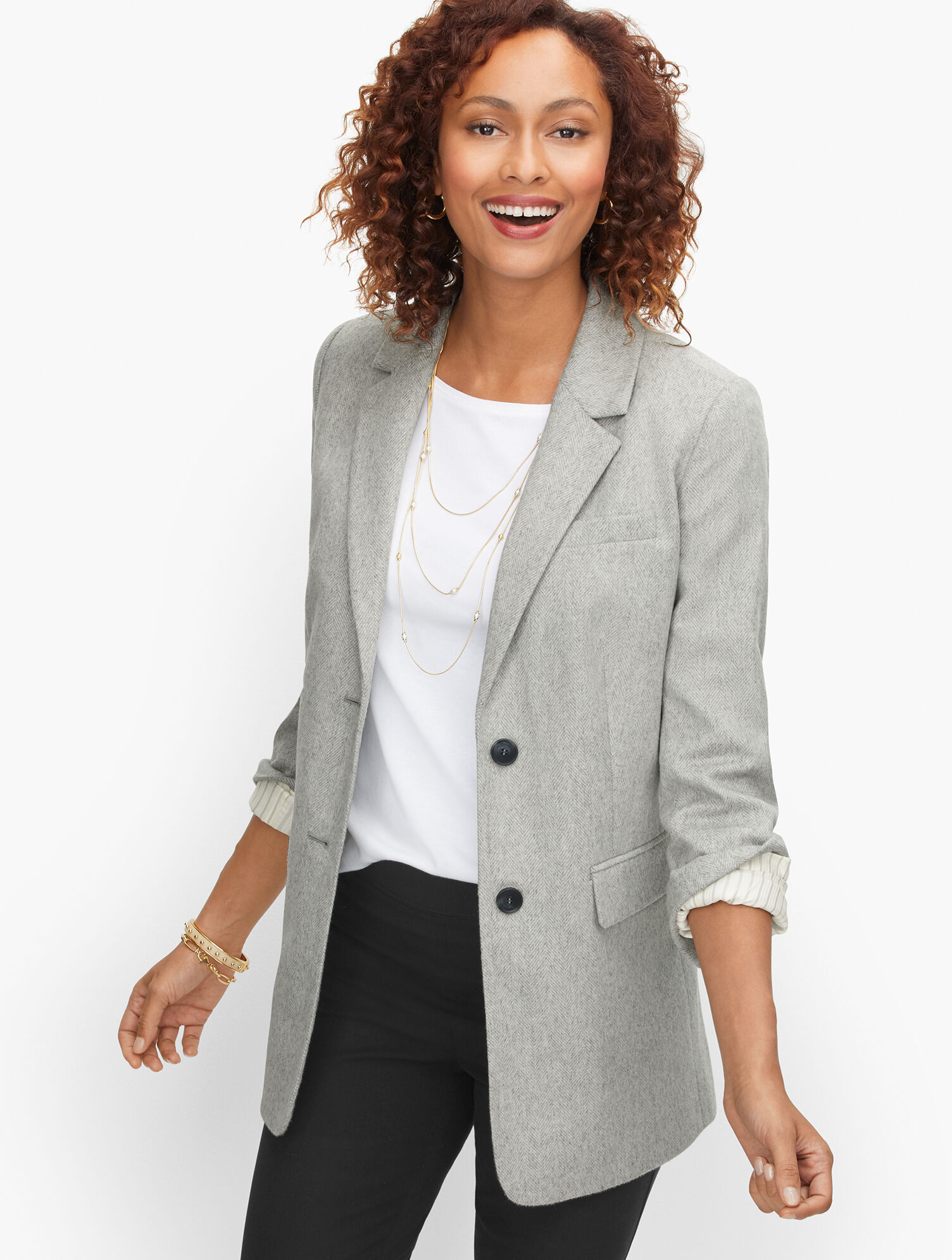 Long Wool Blend Blazer Herringbone Talbots