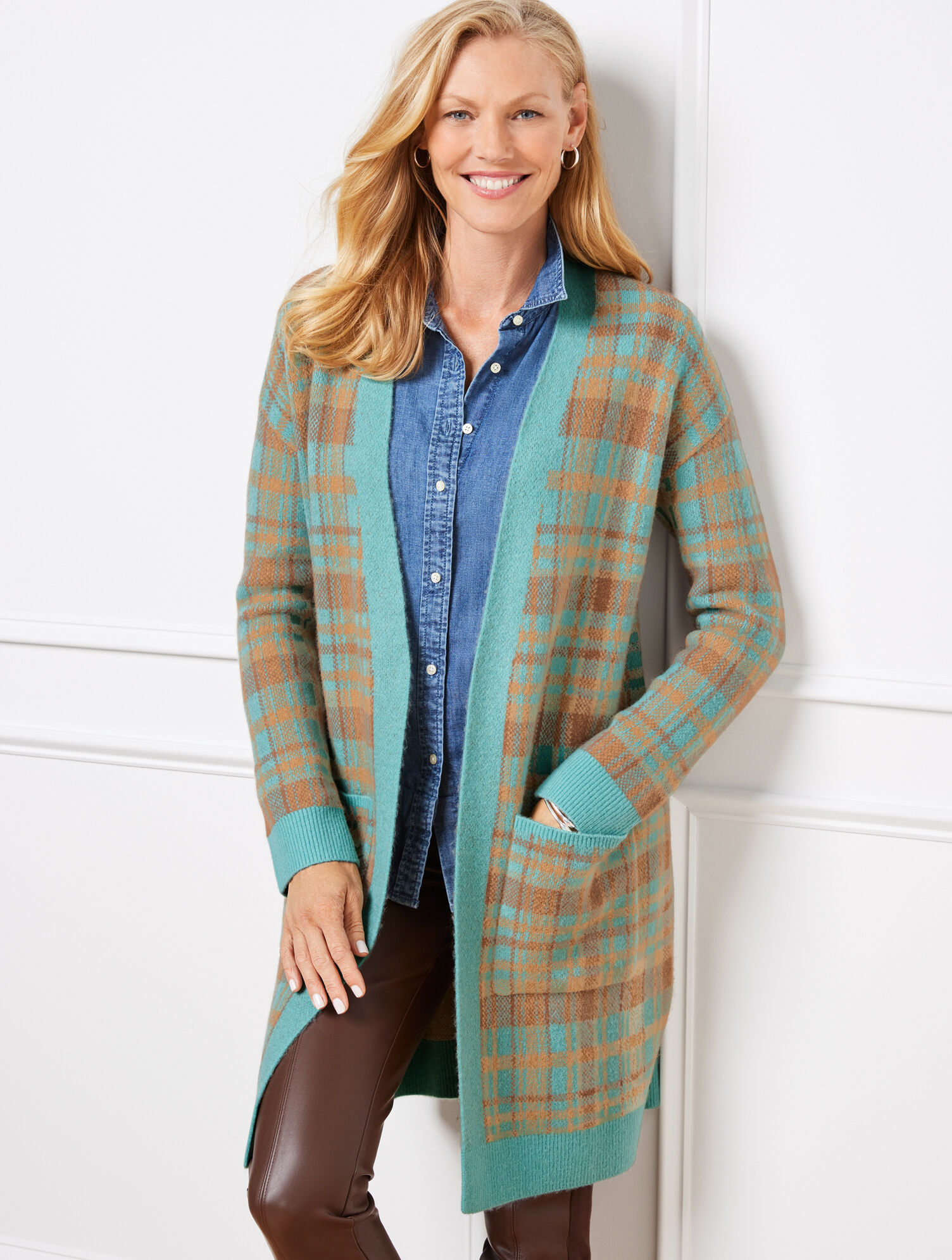 Bird's Eye Plaid Open Front Cardigan | Talbots
