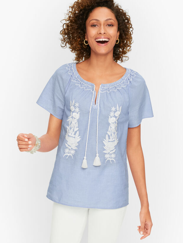 Embroidered Chambray Tie Neck Top