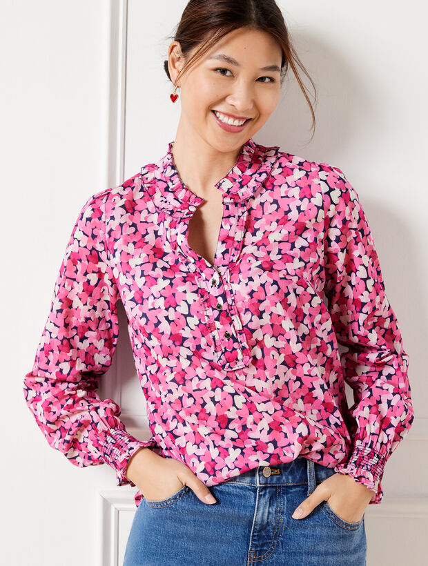 Smocked Cuff Ruffle Blouse - Blended Hearts
