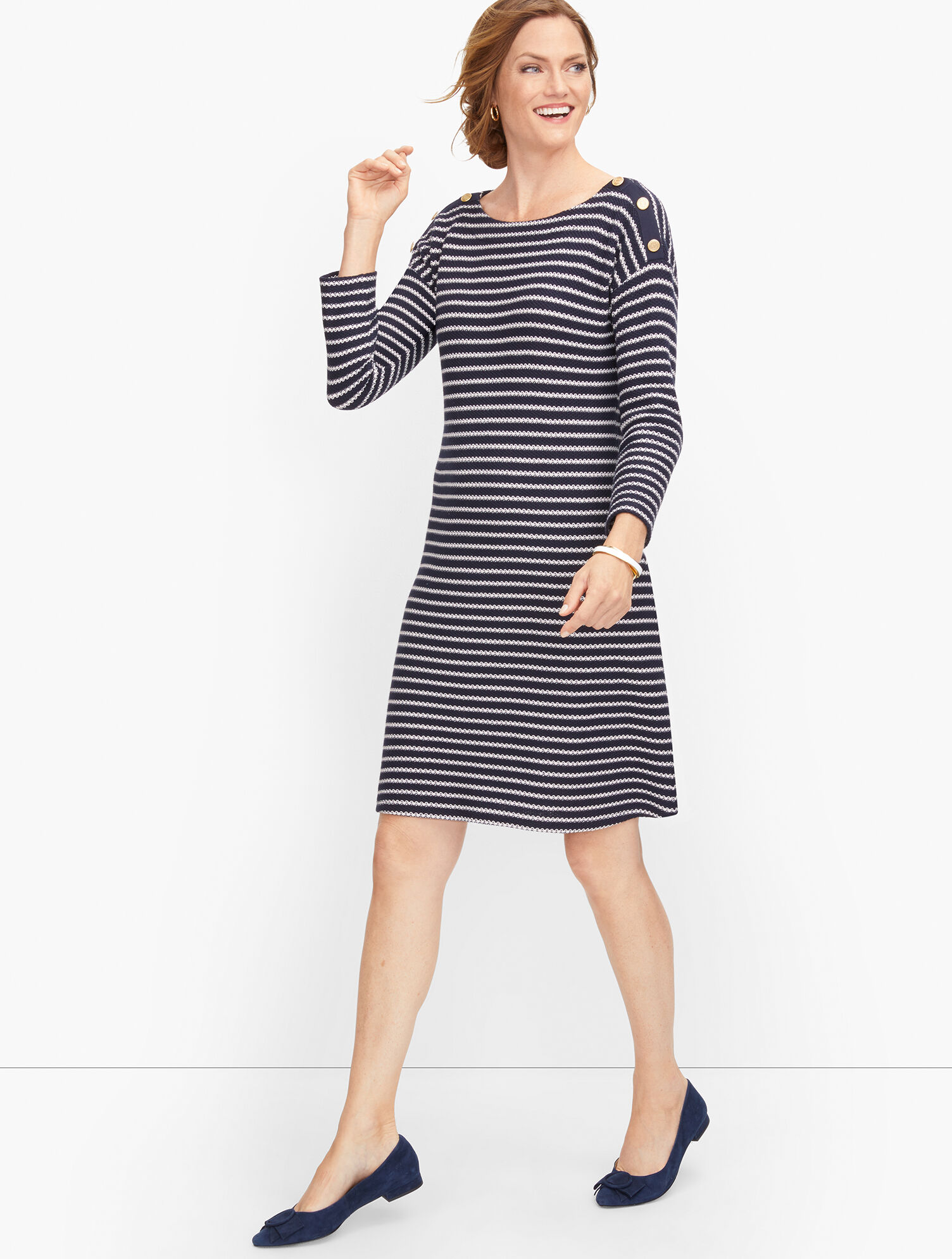 Knit Button Shoulder Sheath Dress - Stripe