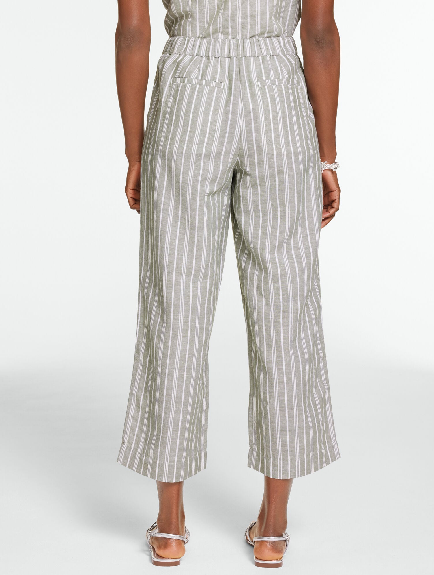 Washed Linen Wide Crop Pull-On Pants - Sandstone Stripe