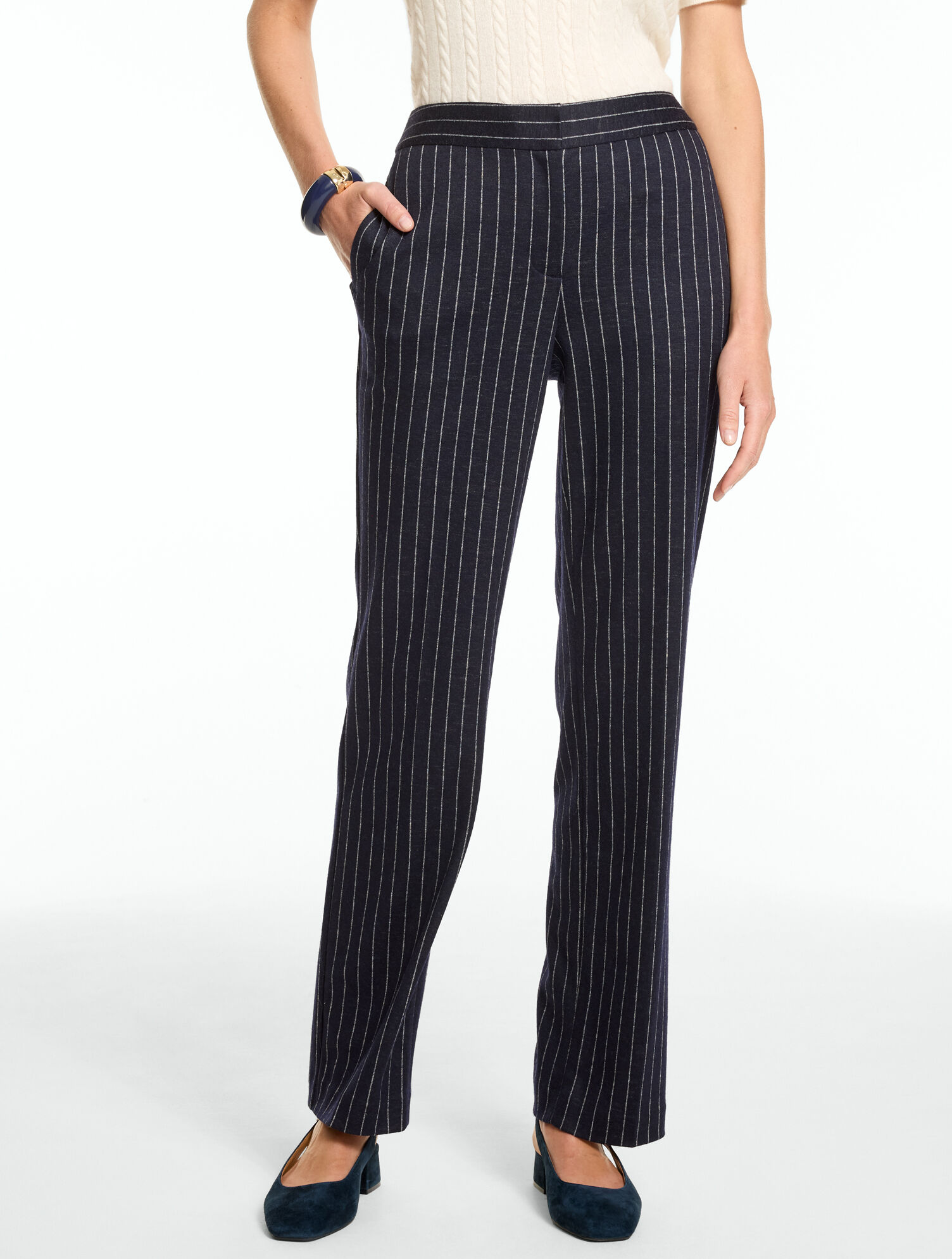 Pinstripe Knit Straight Leg Pants