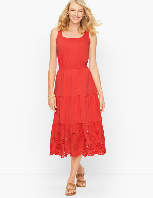 Jersey Eyelet Tiered Fit &amp; Flare Midi Dress