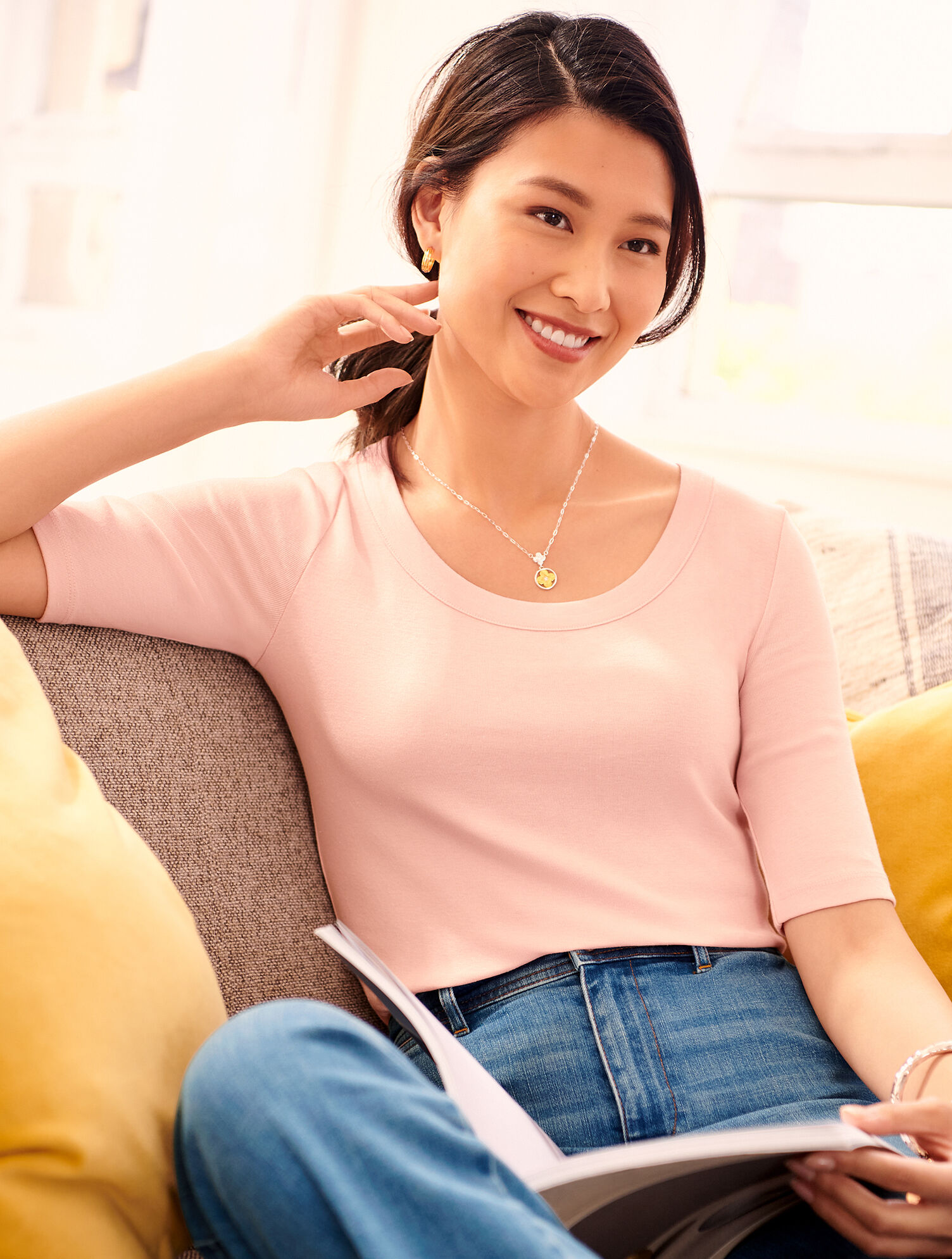 Scoop Neck Curved Hem Tee Pima Solid Talbots