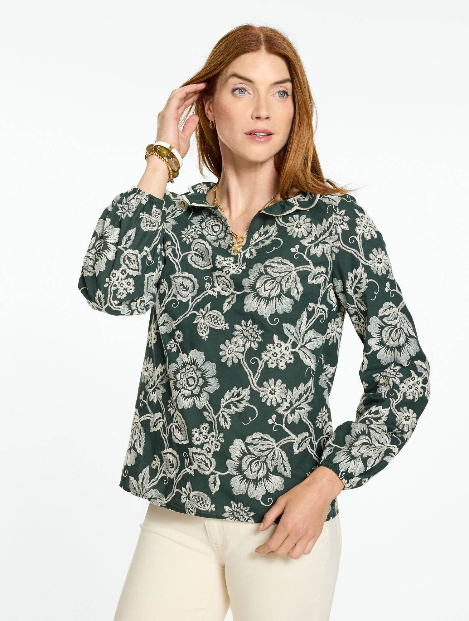 Jardin Embroidered Ruffle Popover Top