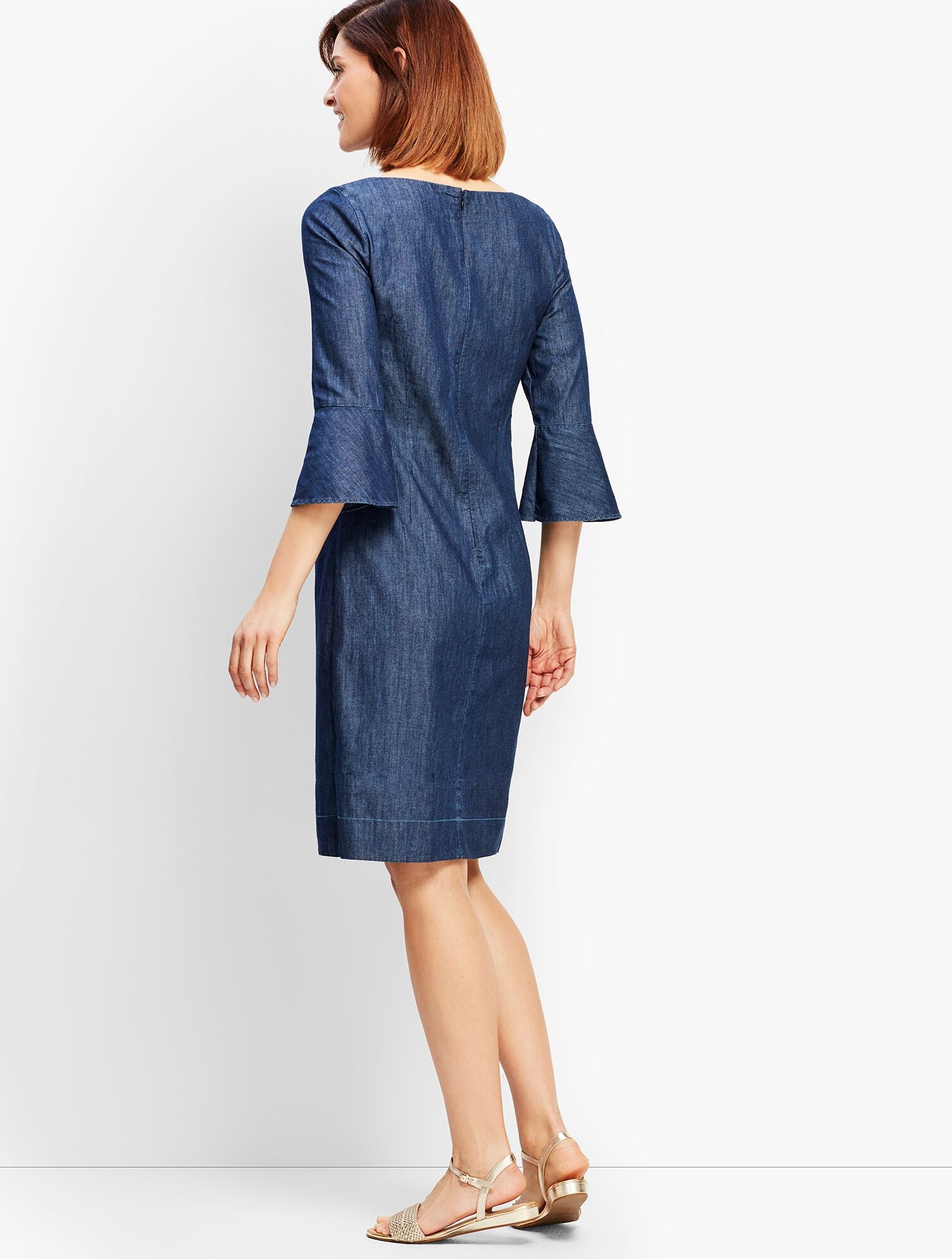 talbots denim shift dress Denim Flounce-Sleeve Shift Dress