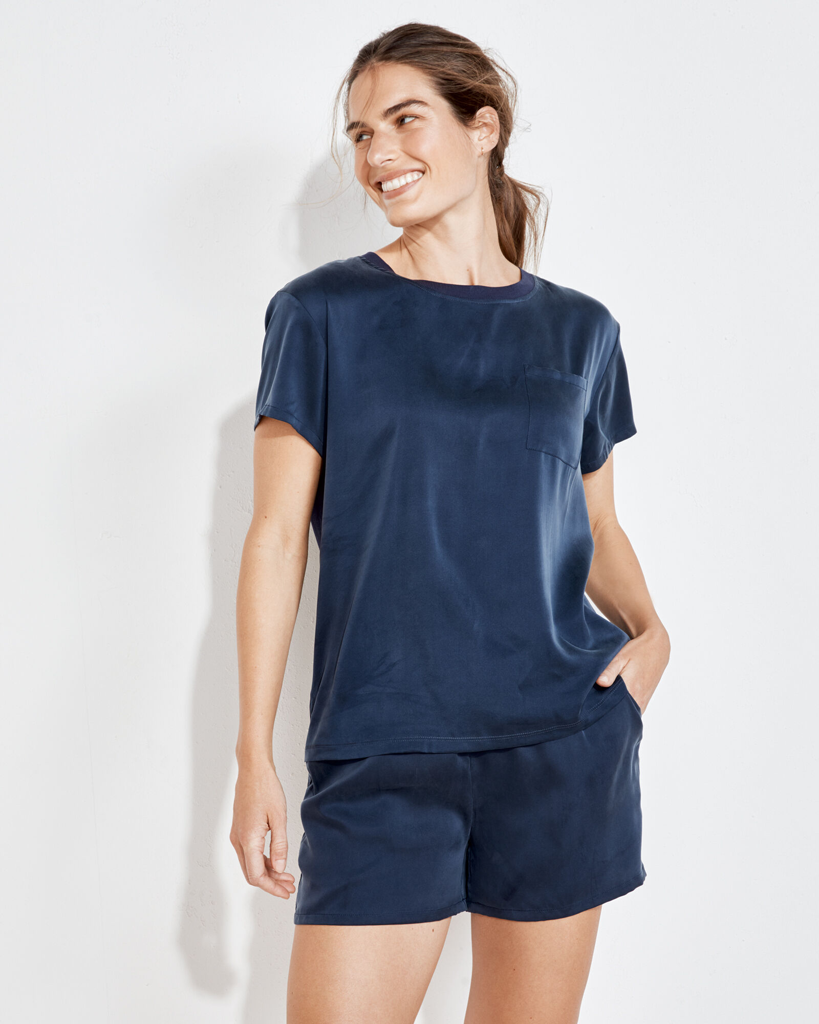 Washable Silk Rib Trim Tee