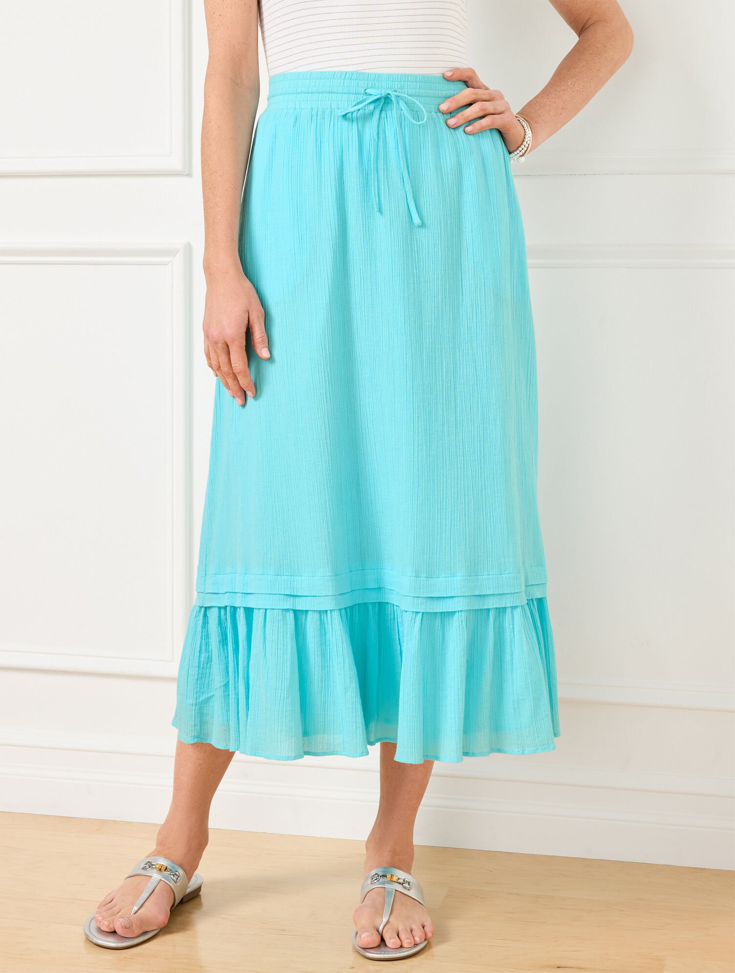 Crinkle Gauze Tiered Midi Skirt