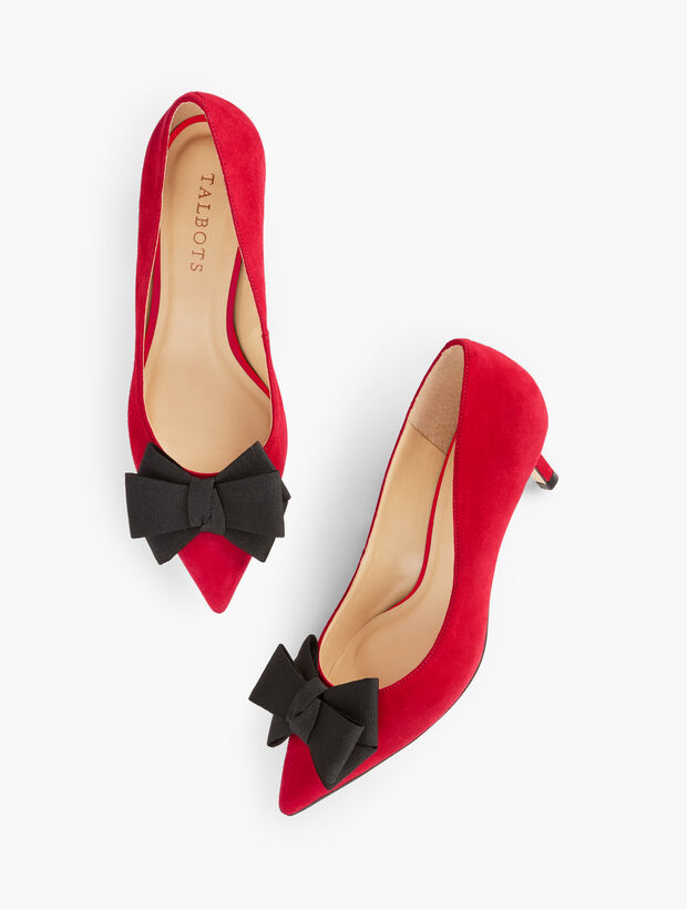 Erica Bow Suede Kitten Heel Pumps