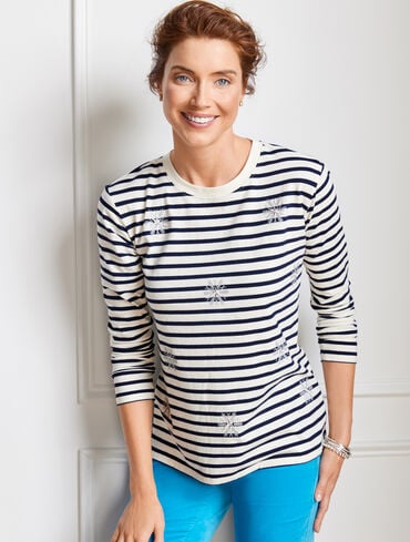 Extended Shoulder Crewneck Tee - Striped Snowflakes
