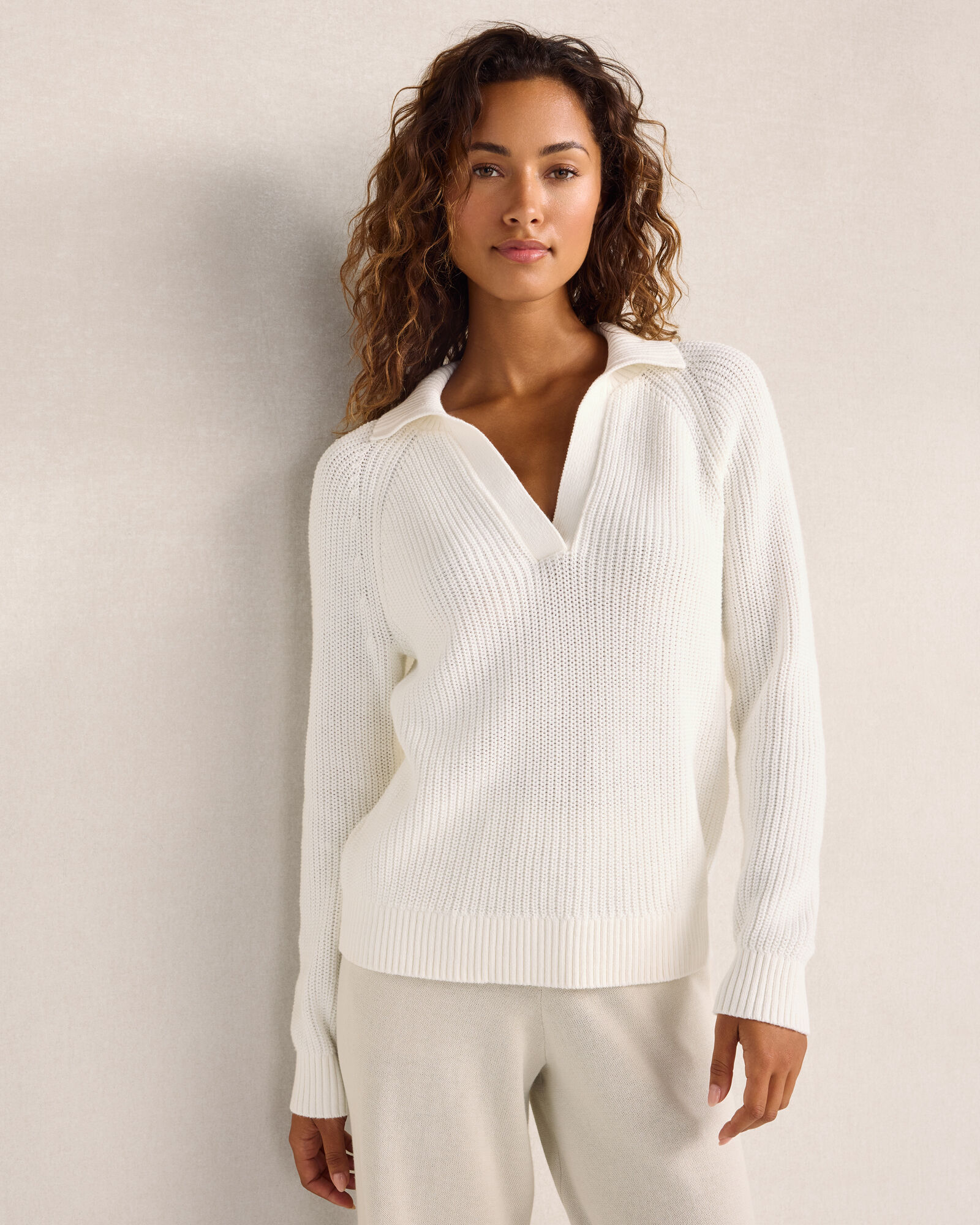 Organic Cotton Shaker Stitch Johnny Collar Sweater