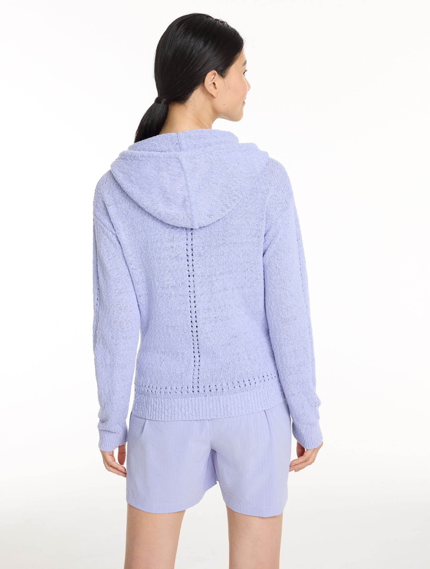 Cotton Blend Pointelle Hooded Sweater