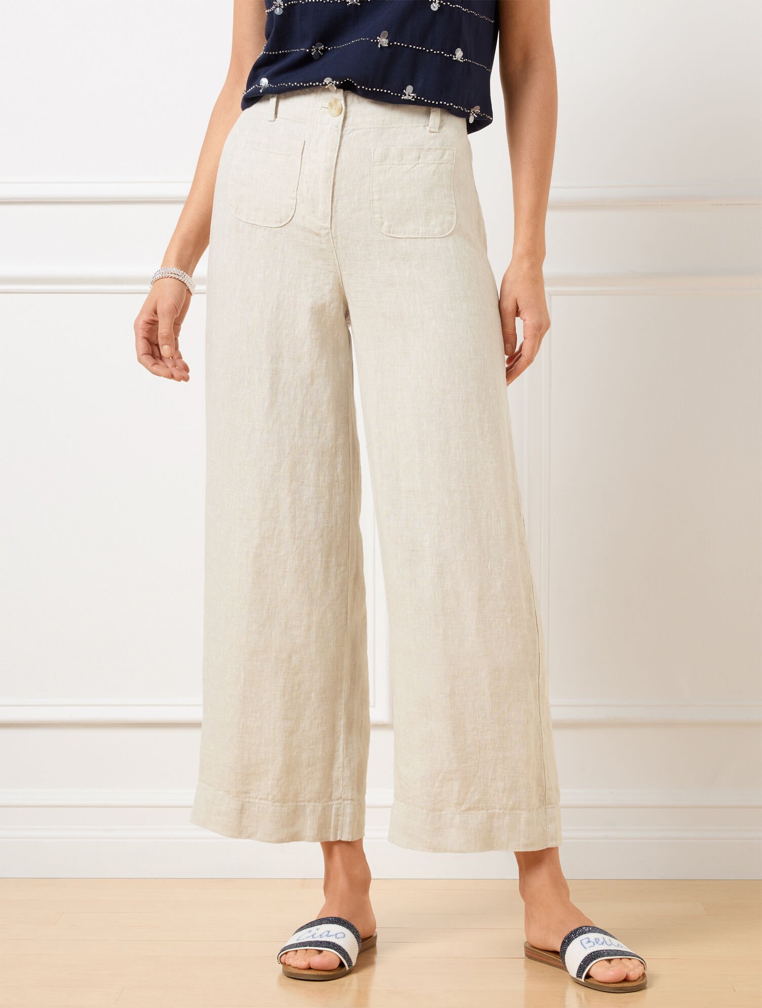 Wide Crop Patch Pocket Washed Linen Pants