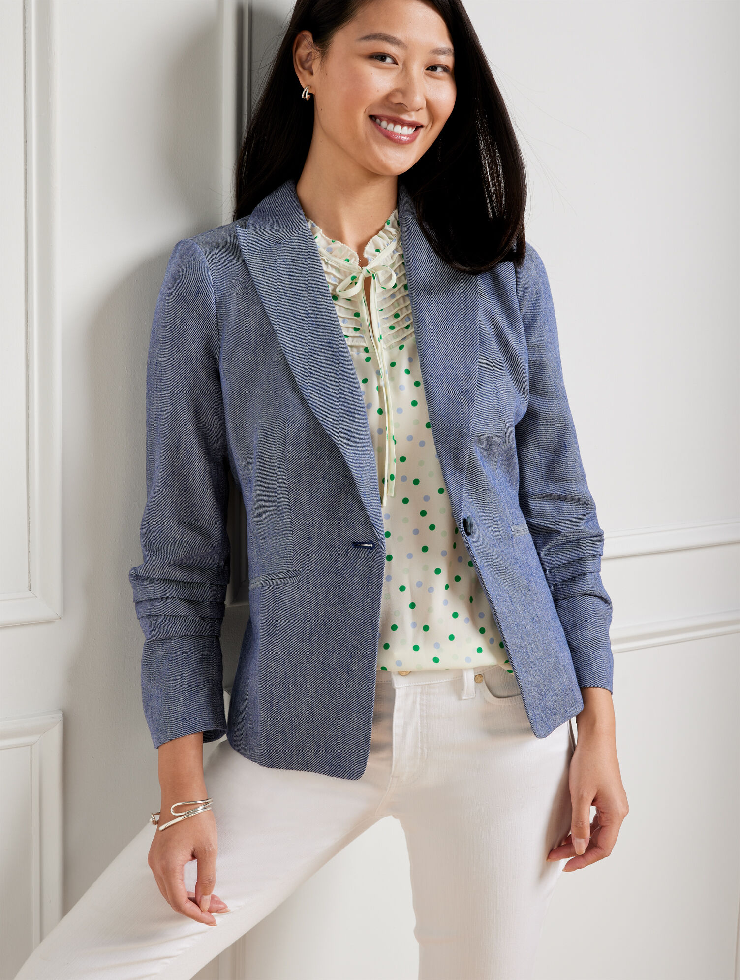 Cinched Cuff Chambray Blazer