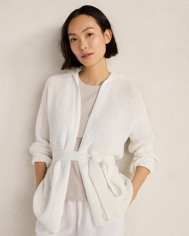 Cotton Blend Tie-Front Hooded Cardigan
