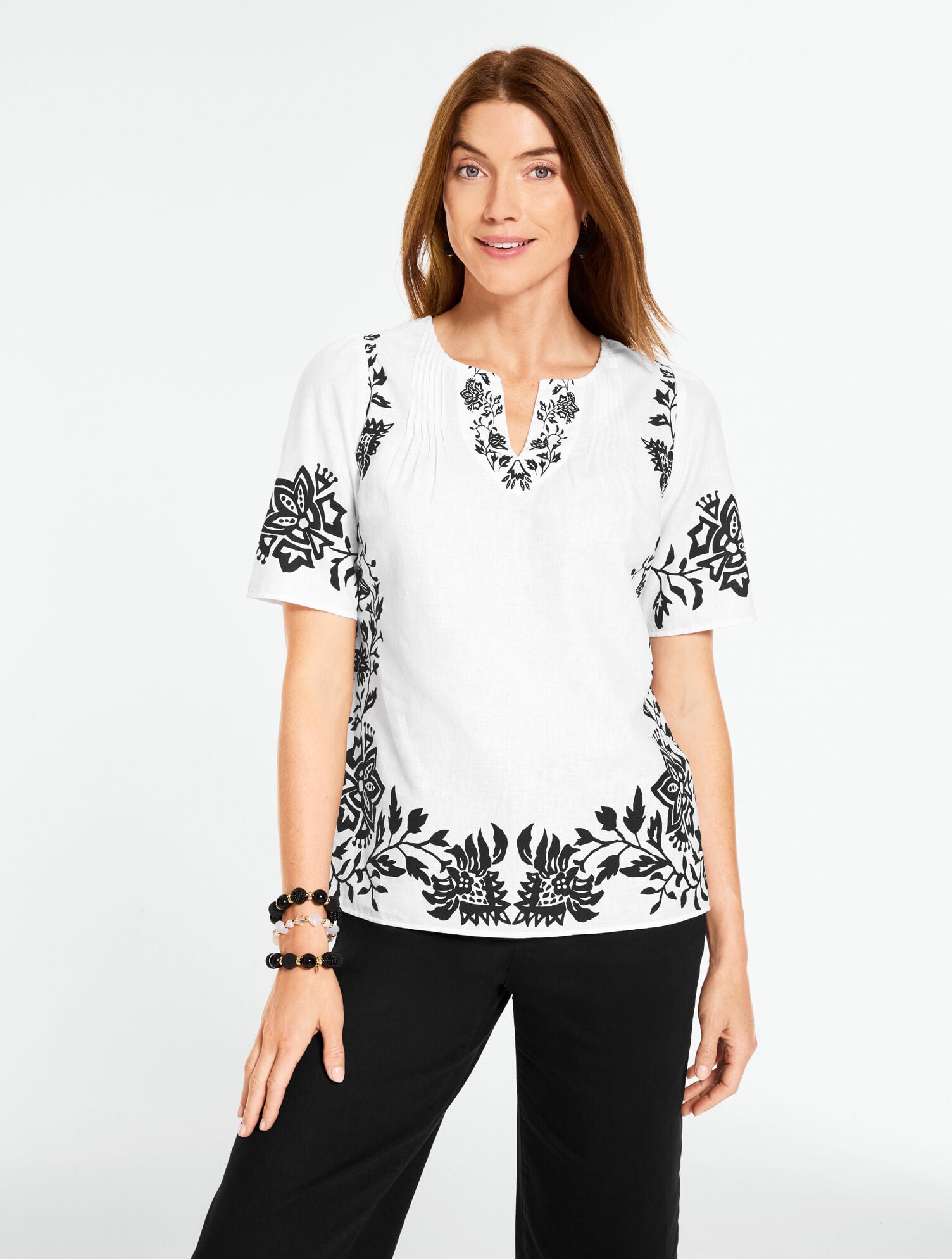 Linen Pintuck Top - Jacobean Vines