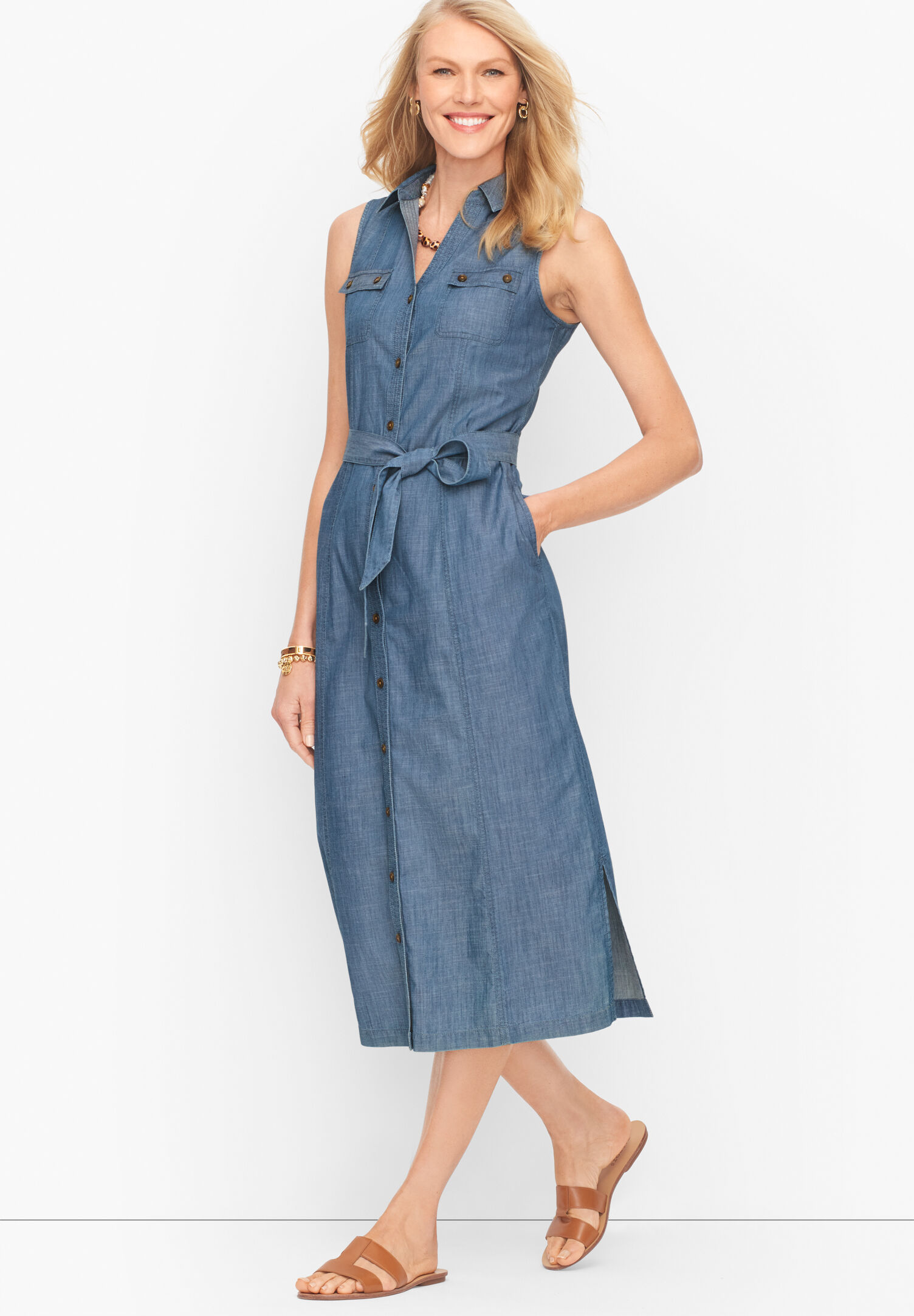 Sleeveless Denim Midi Shirt Dress Talbots
