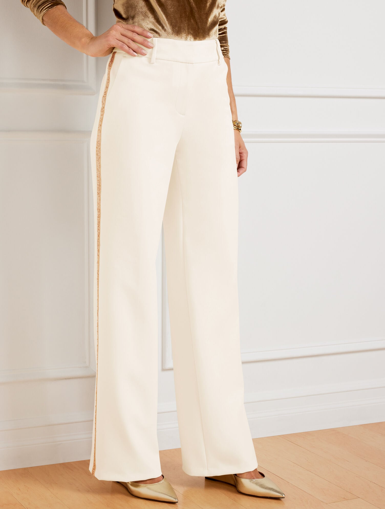 Women's Petite - Wide Leg Pants - Sequin Stripe - White - 14 Talbots