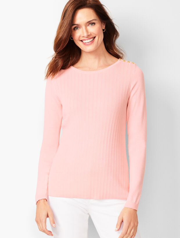 Button-Shoulder Crewneck Sweater