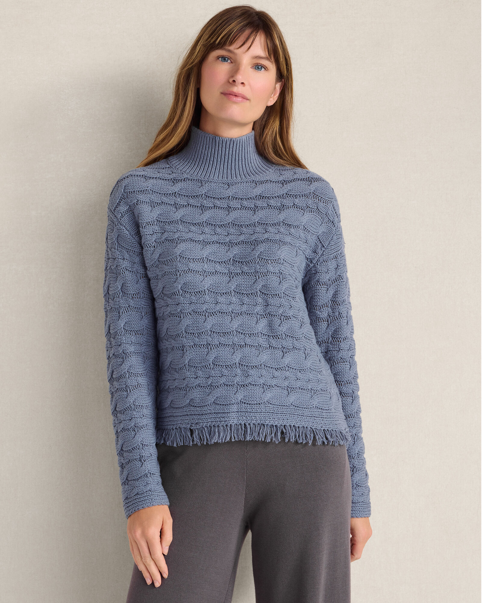 Cotton Blend Fringe Hem Cable Knit Sweater