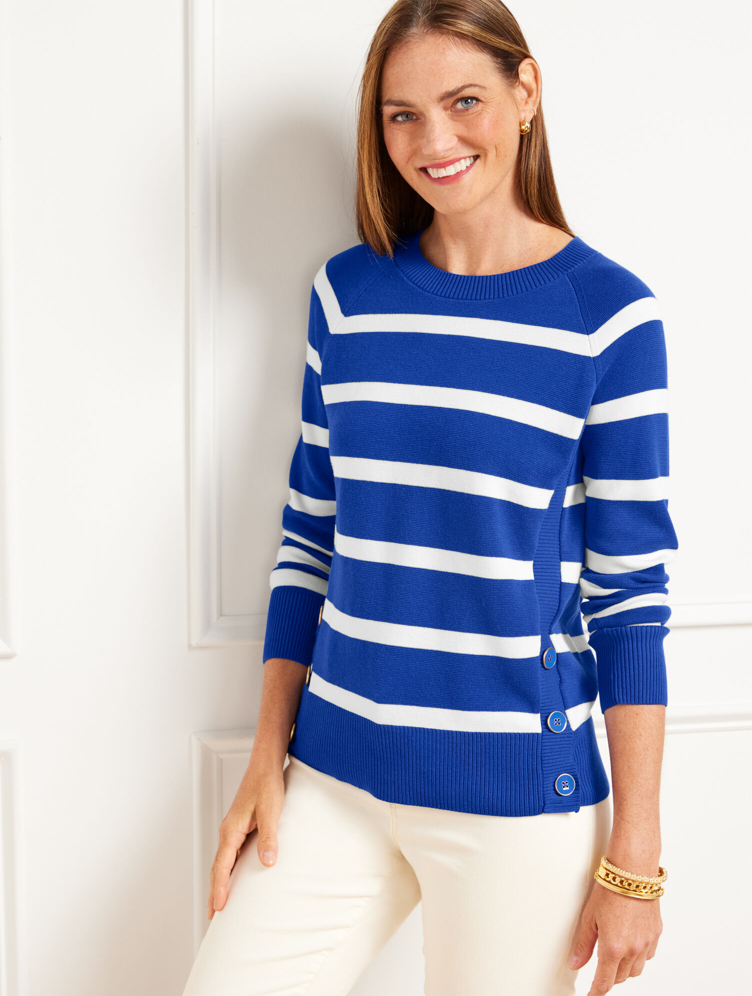 Button Detail Crewneck Sweater - Mariner Stripe | Talbots