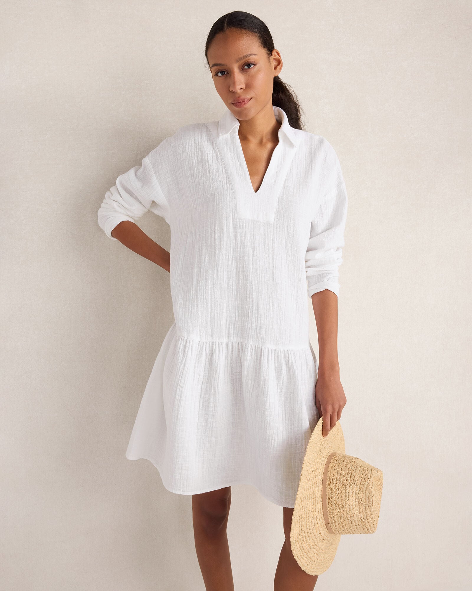 Textured Cotton Gauze Drop Waist Dress