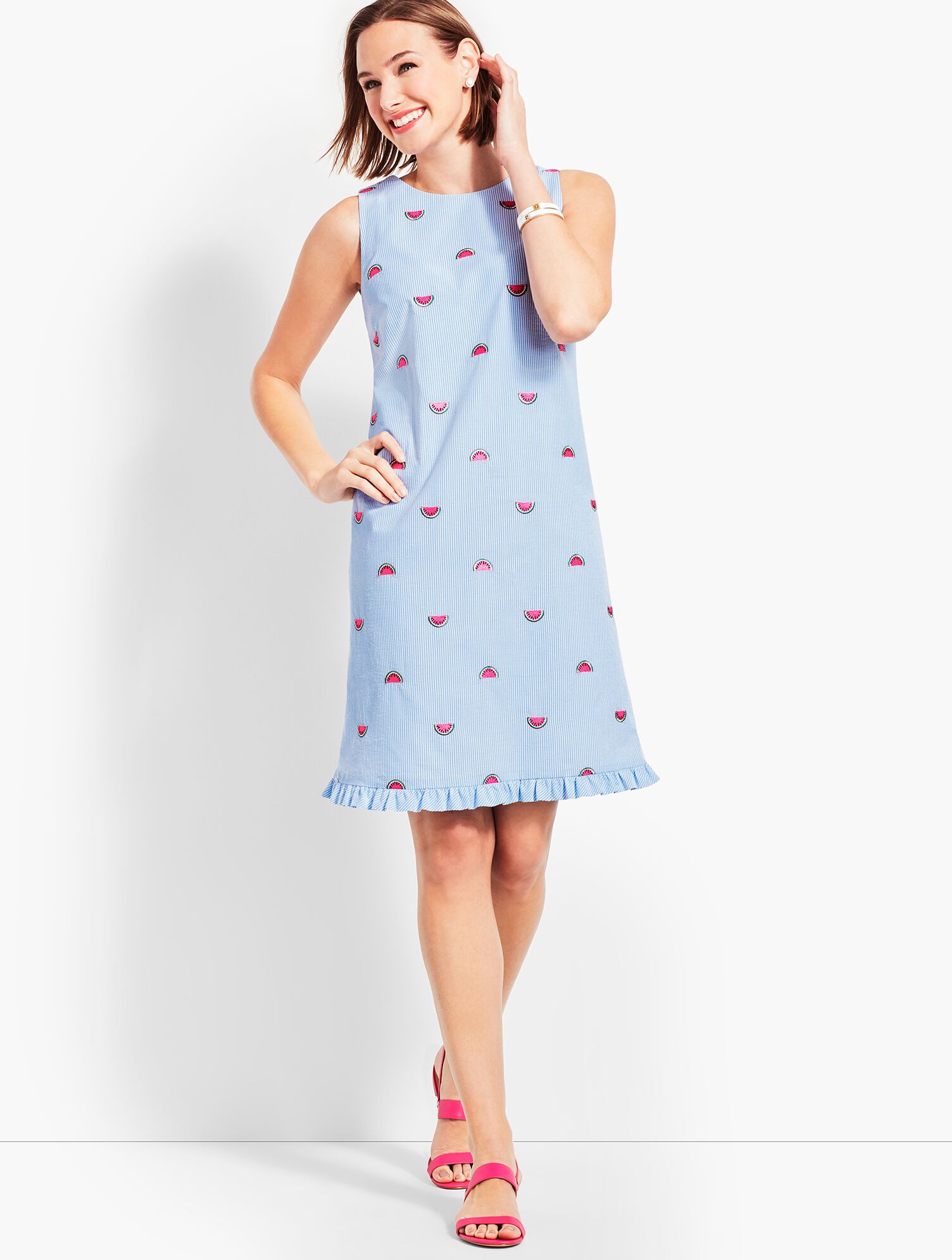 Watermelon-Embroidered Seersucker Shift Dress