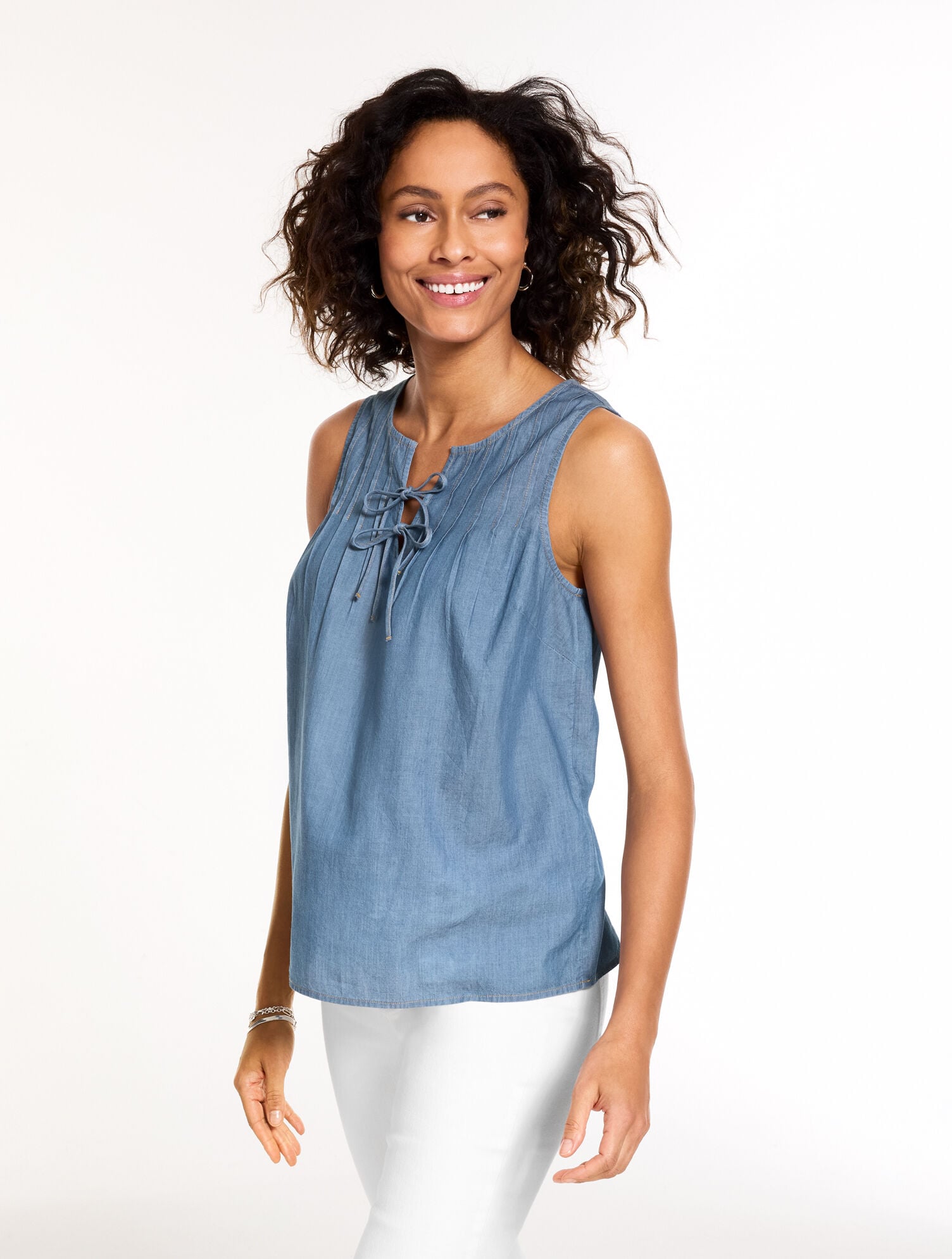 Tie Neck Pintuck Shell