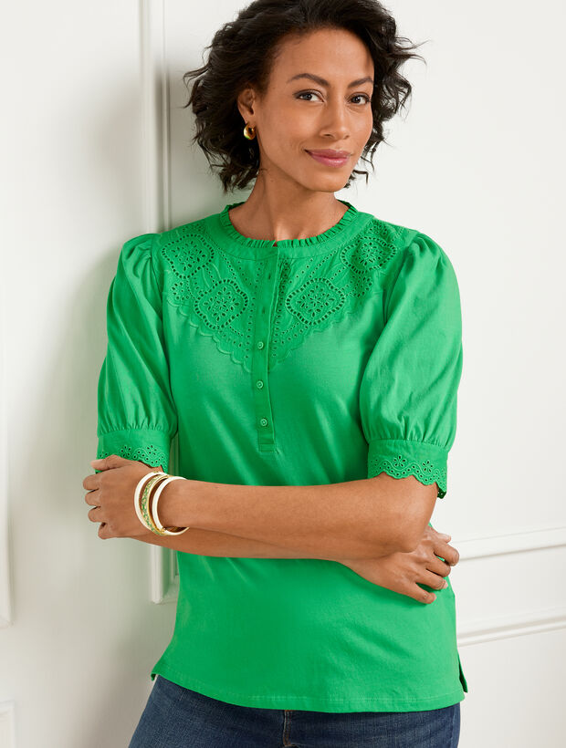 EYELET LACE YOKE HALF BUTTON BLOUSE