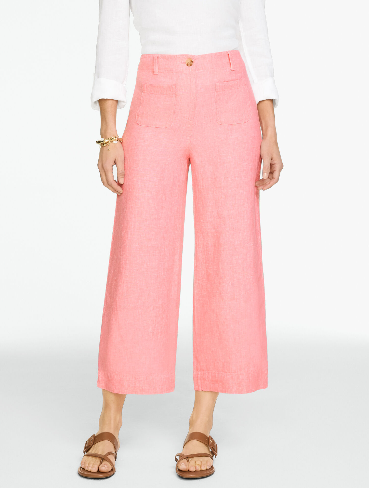 Washed Linen Wide Crop Patch Pocket Pants - Cross-Dyed