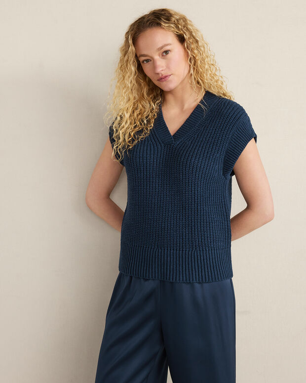Organic Cotton Linen Shaker Stitch V-Neck Sweater
