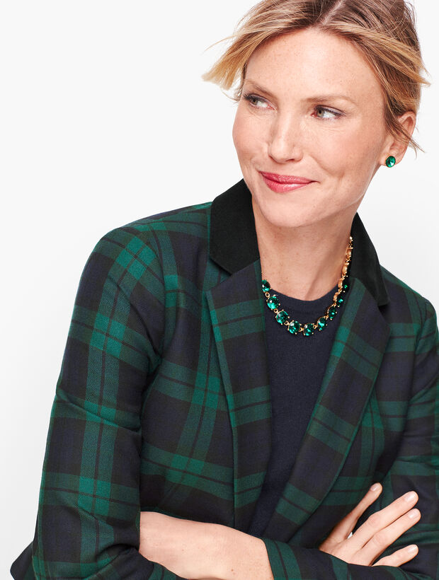 Velvet Trim Black Watch Plaid Blazer