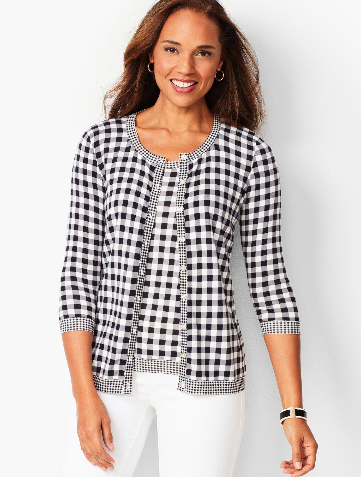 Charming Cardigan - Three-Quarter Sleeve - Mixed Gingham | Talbots