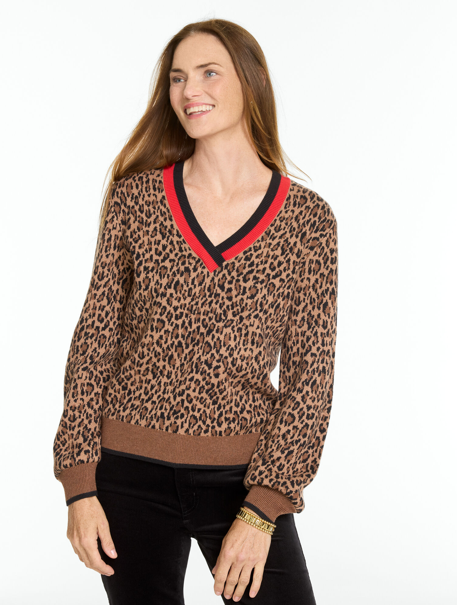 Jacquard V-Neck Pullover - Tipped Leopard