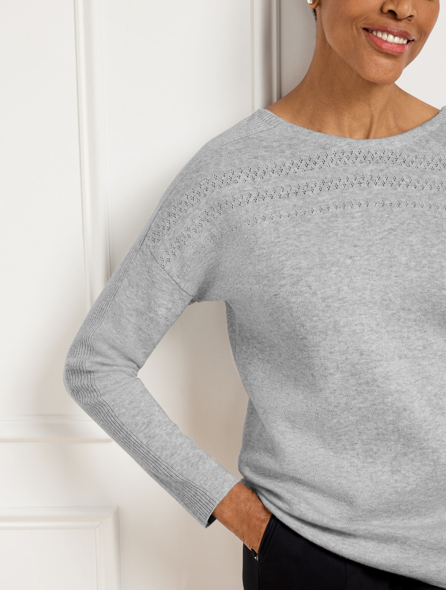 Women's Pointelle Cable Knit Jumper in Light Grey Marl