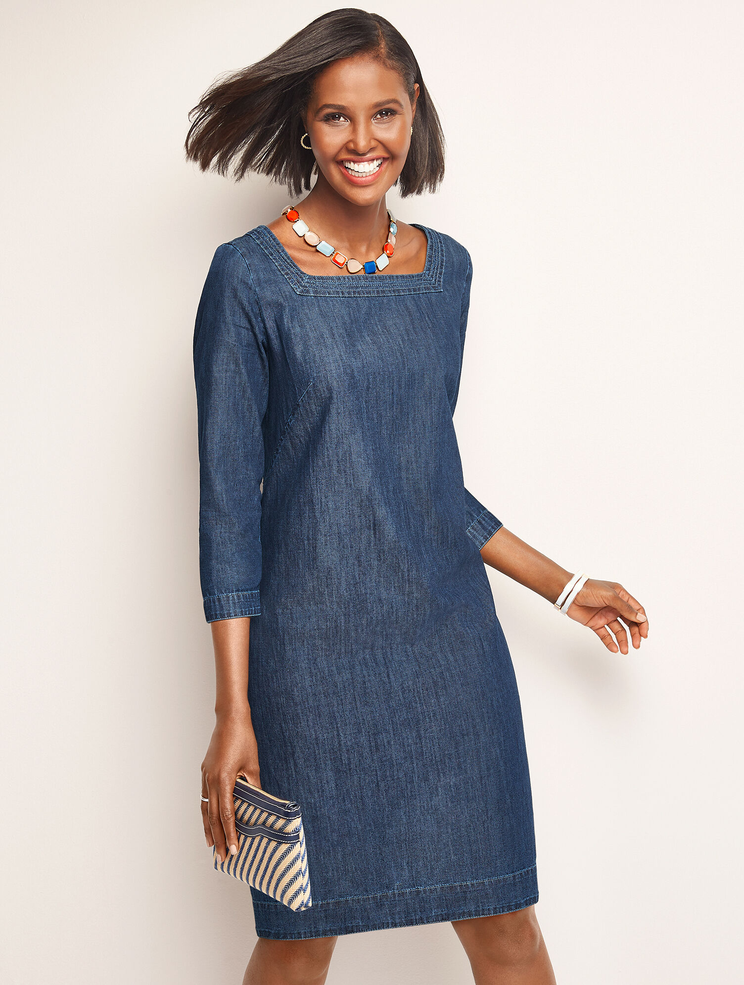Square-Neck Denim Shift Dress