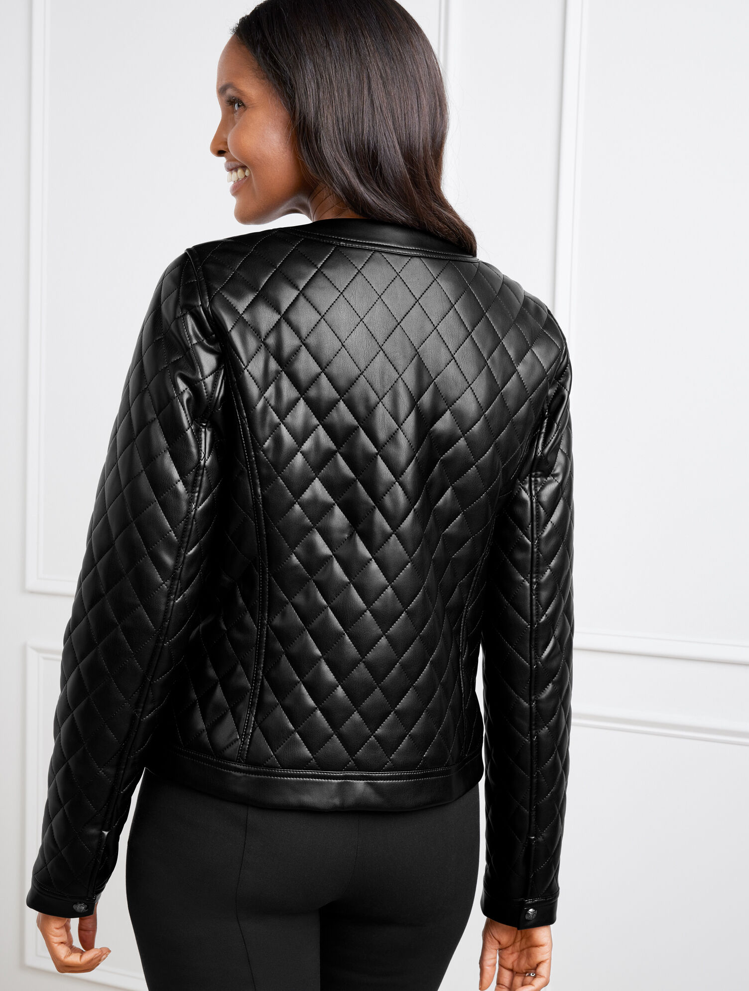Drape-Front Quilted Faux-Leather Jacket
