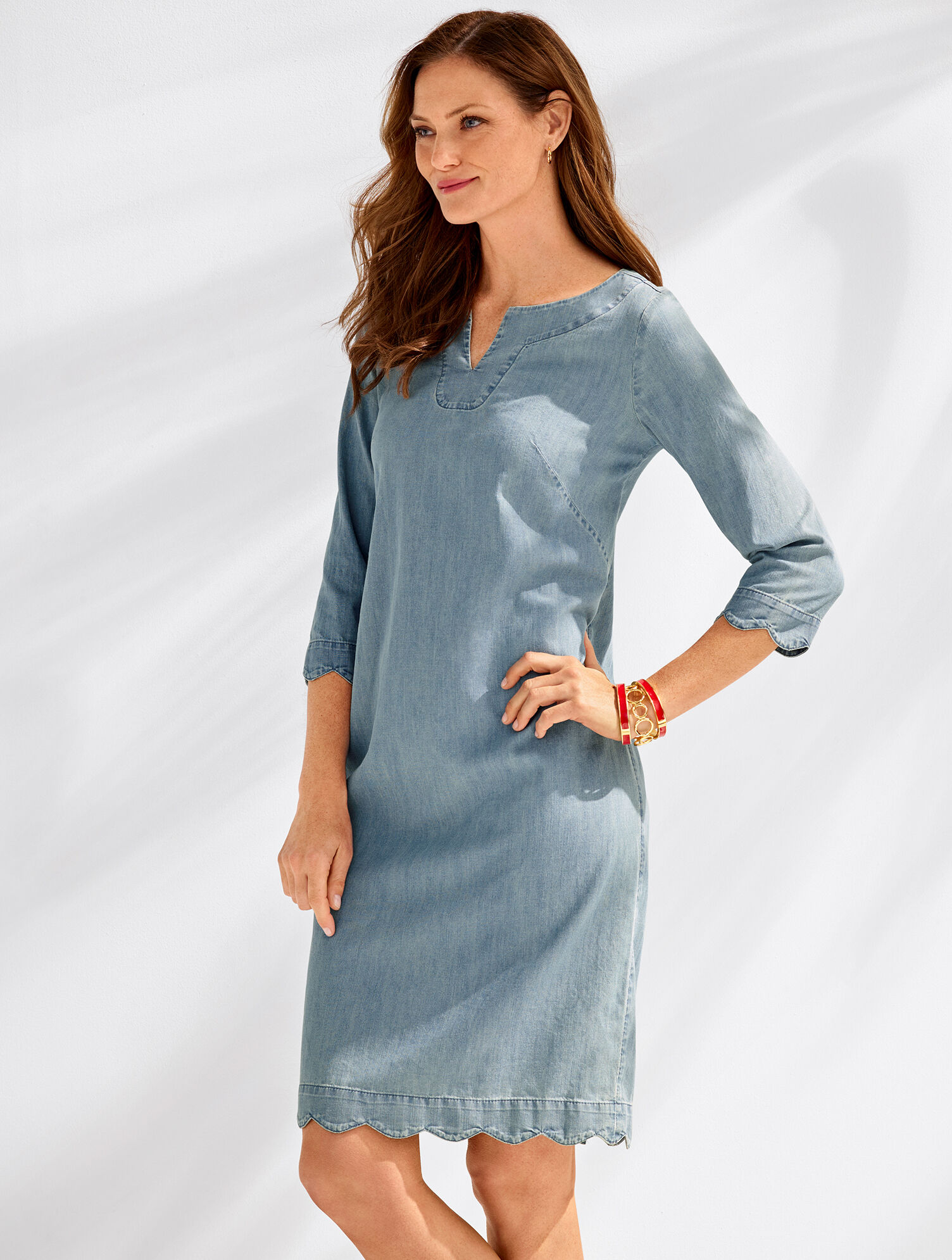 Scallop-Trim Denim Shift Dress