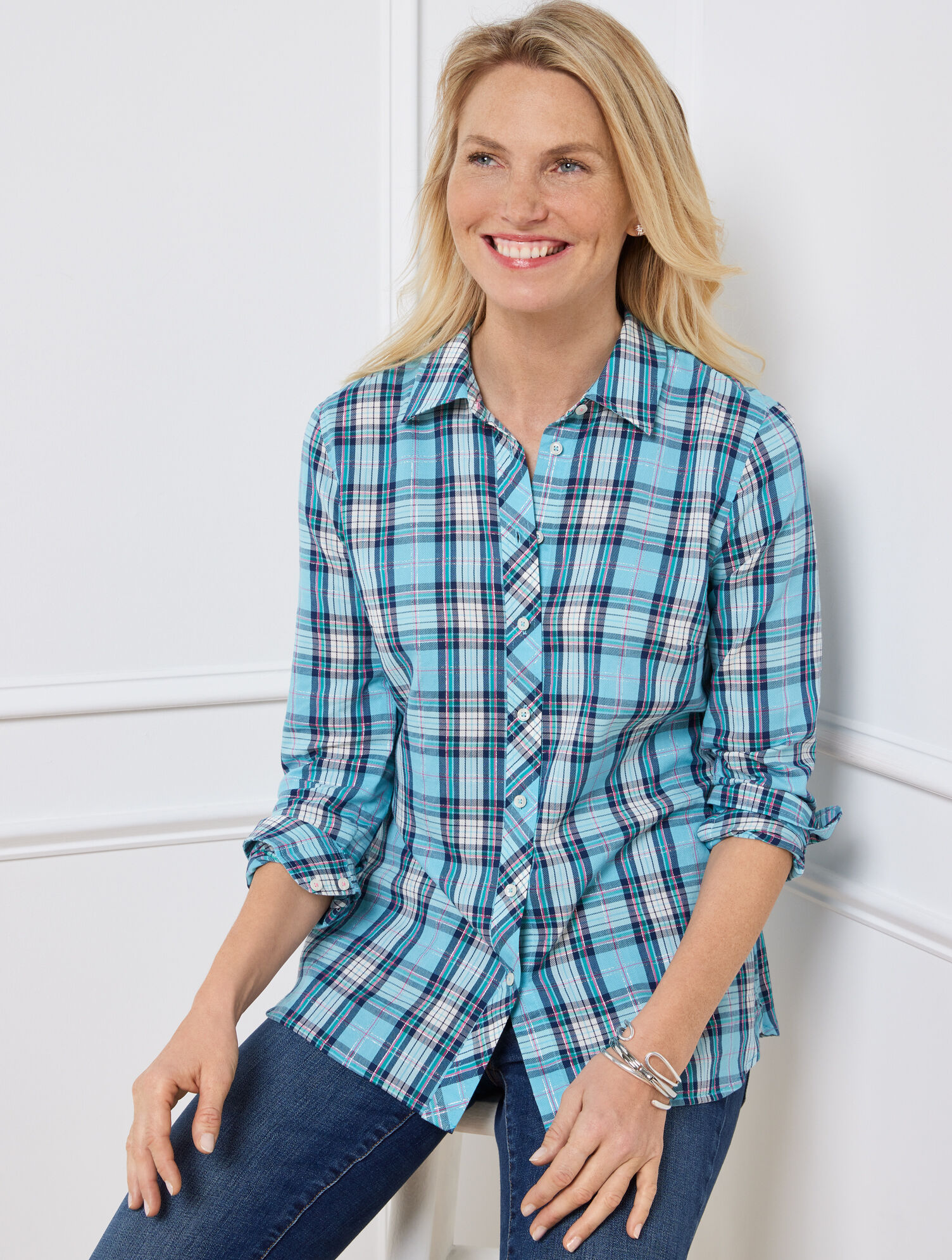 Cotton Button Front Shirt - Festive Party Plaid
