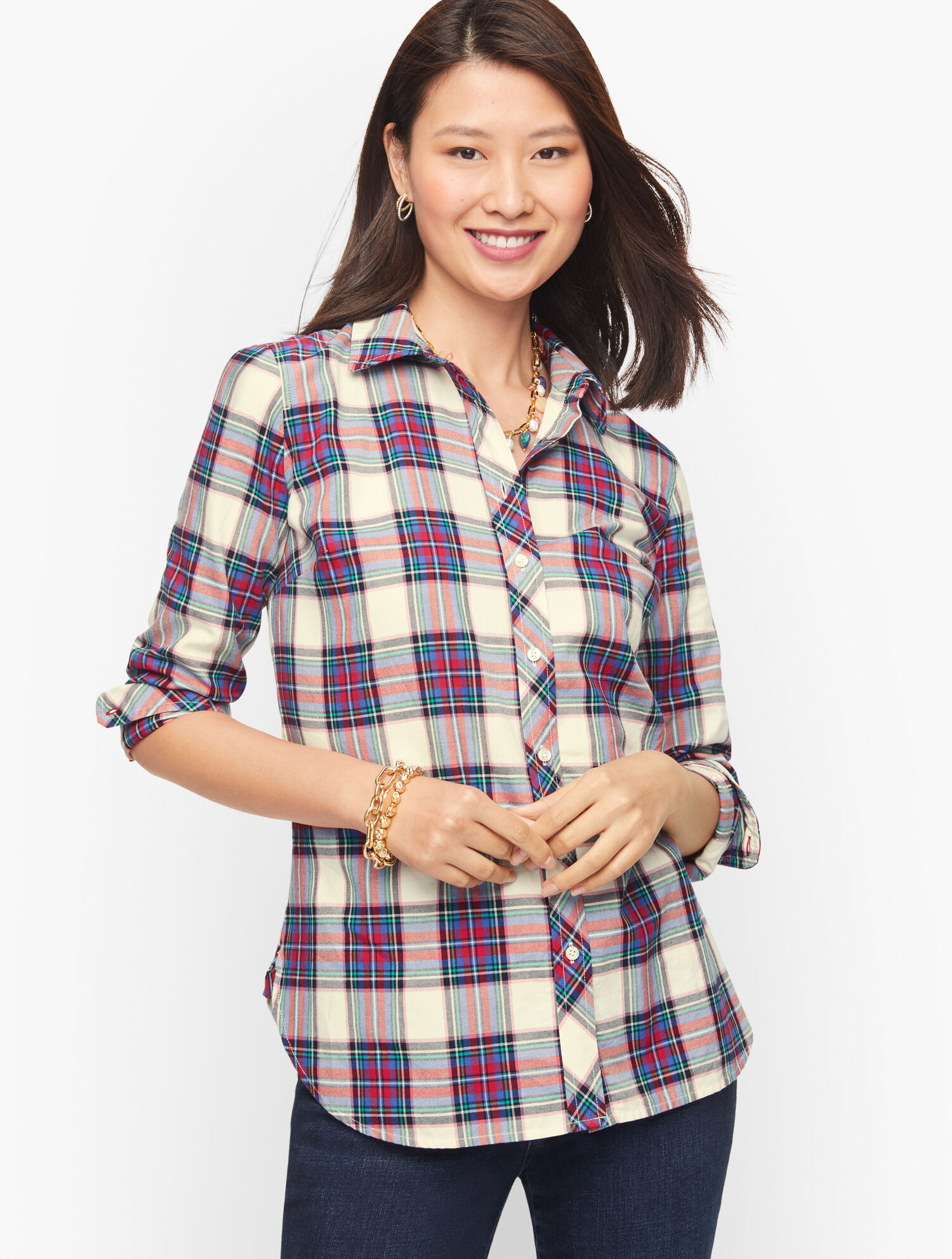 Cotton Button Front Shirt - Gift Plaid