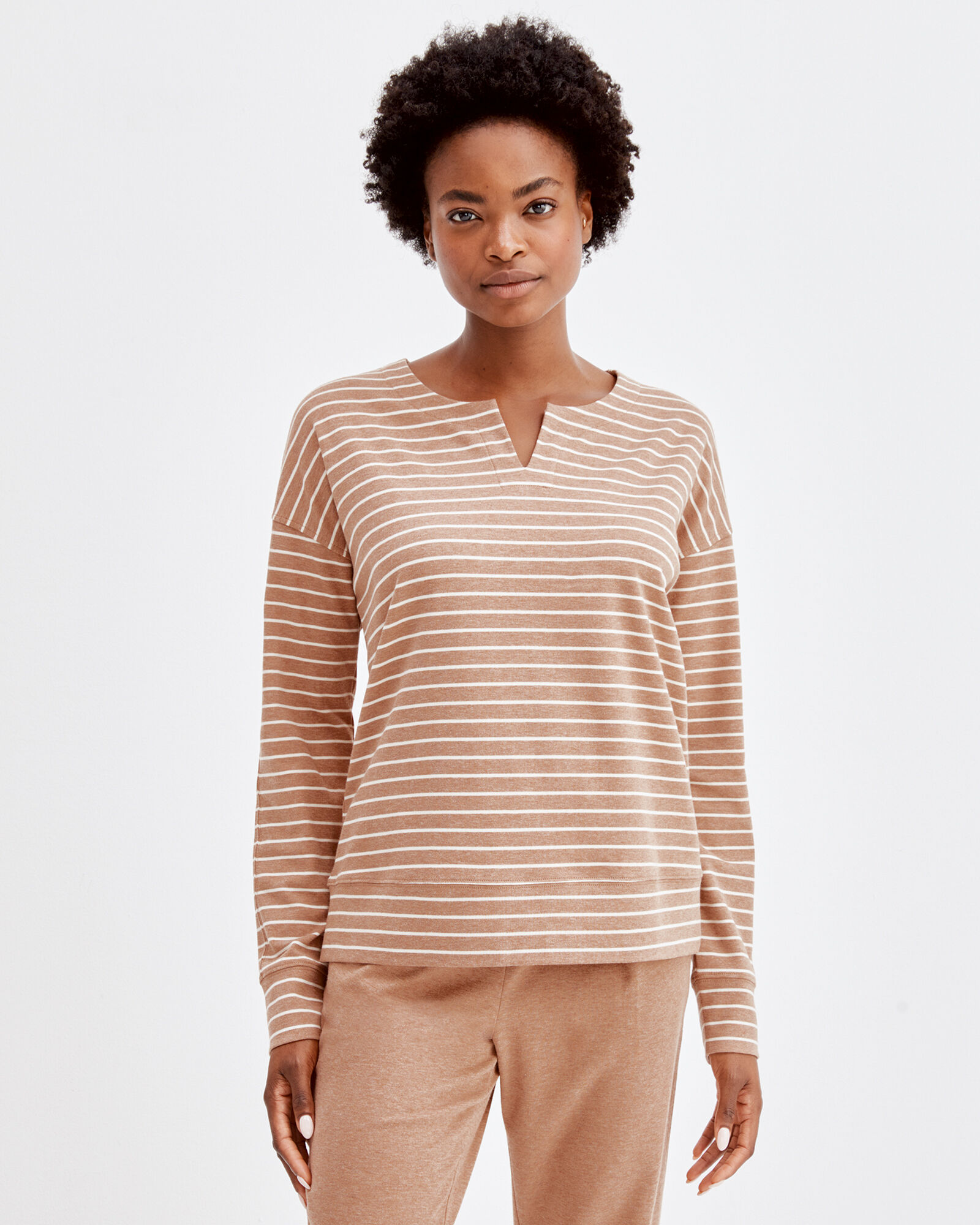 Organic Cotton Interlock Striped Split Neck Top
