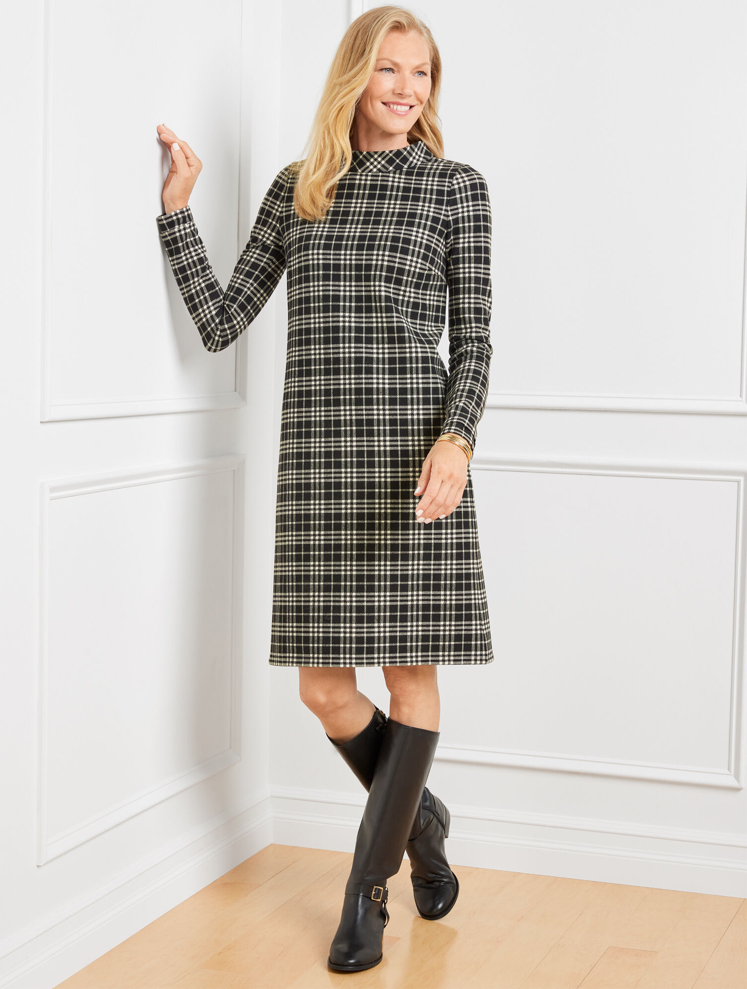 Windowpane Plaid Mockneck Dress
