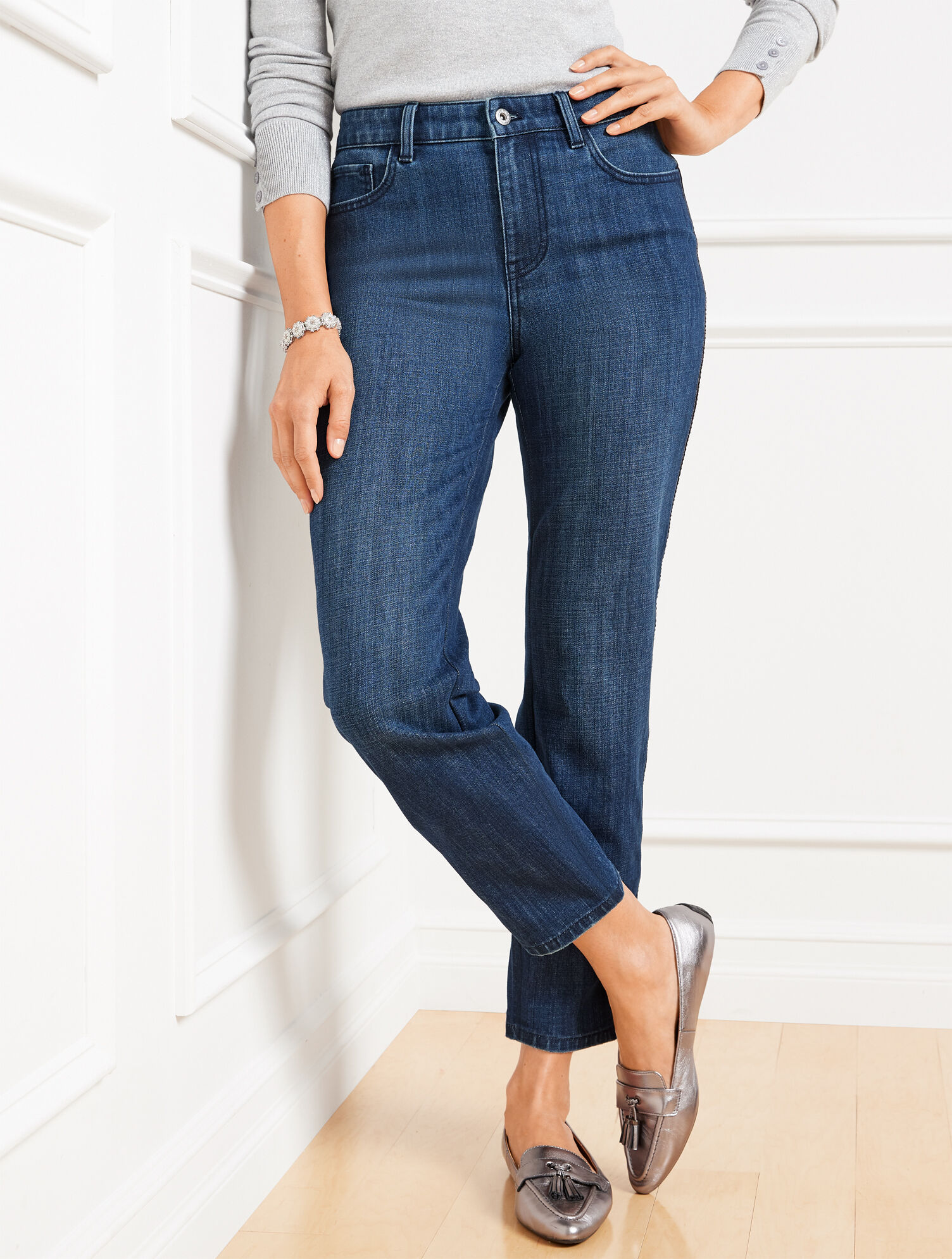Velvet Stripe Straight Ankle Jeans - Nox Wash