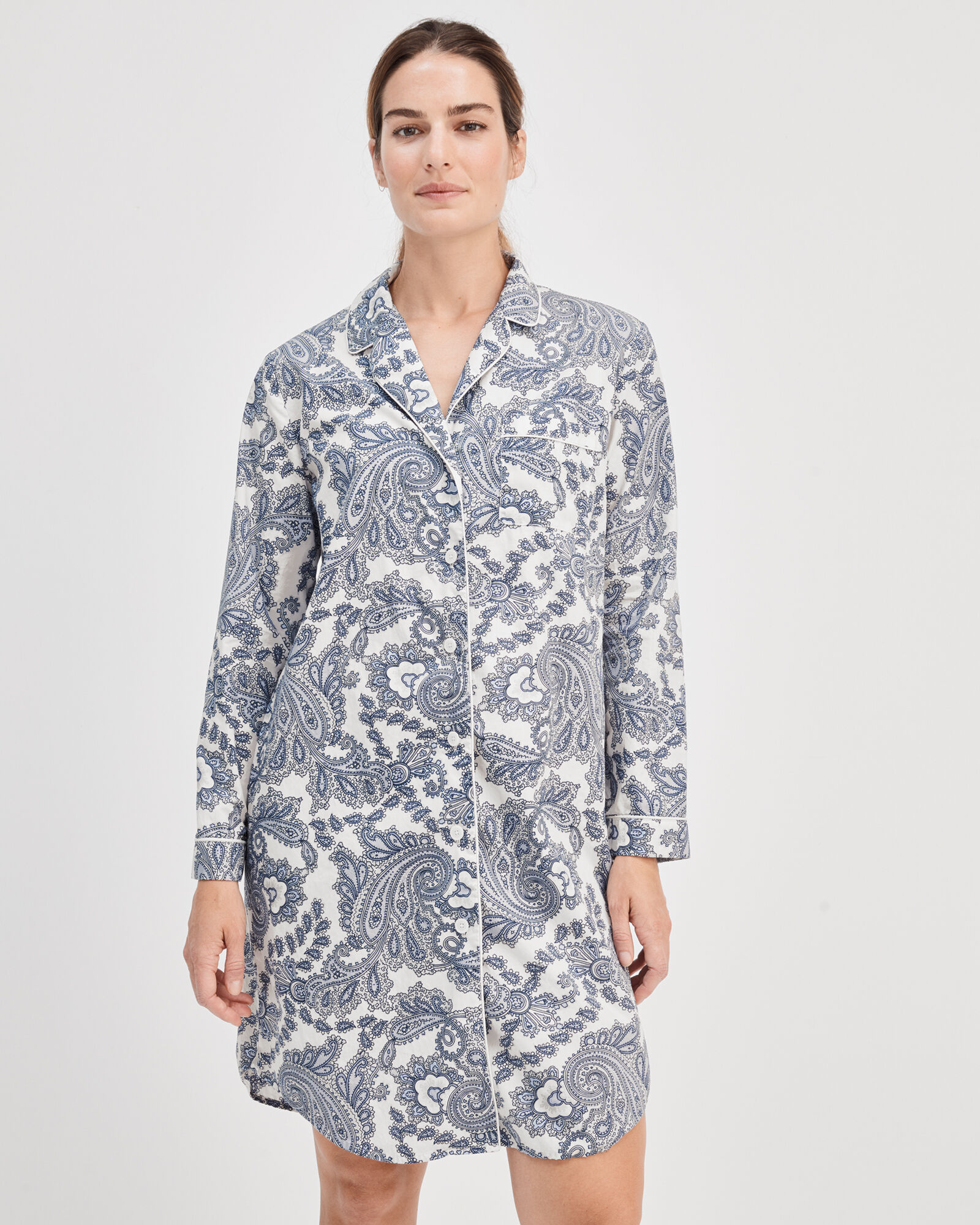Organic Cotton Poplin Blue Paisley Sleep Shirt
