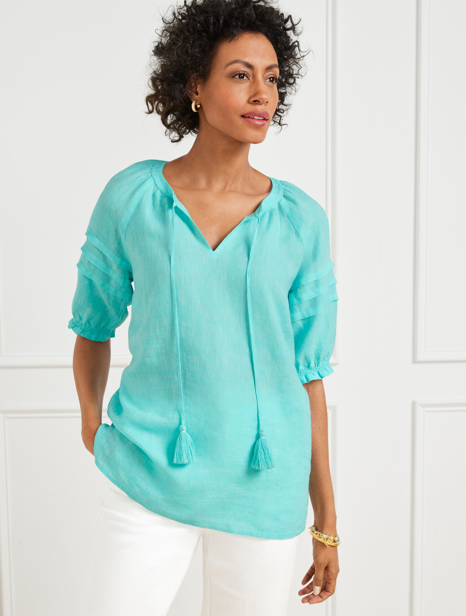 Pleated Sleeve Linen Top - Cross Dye