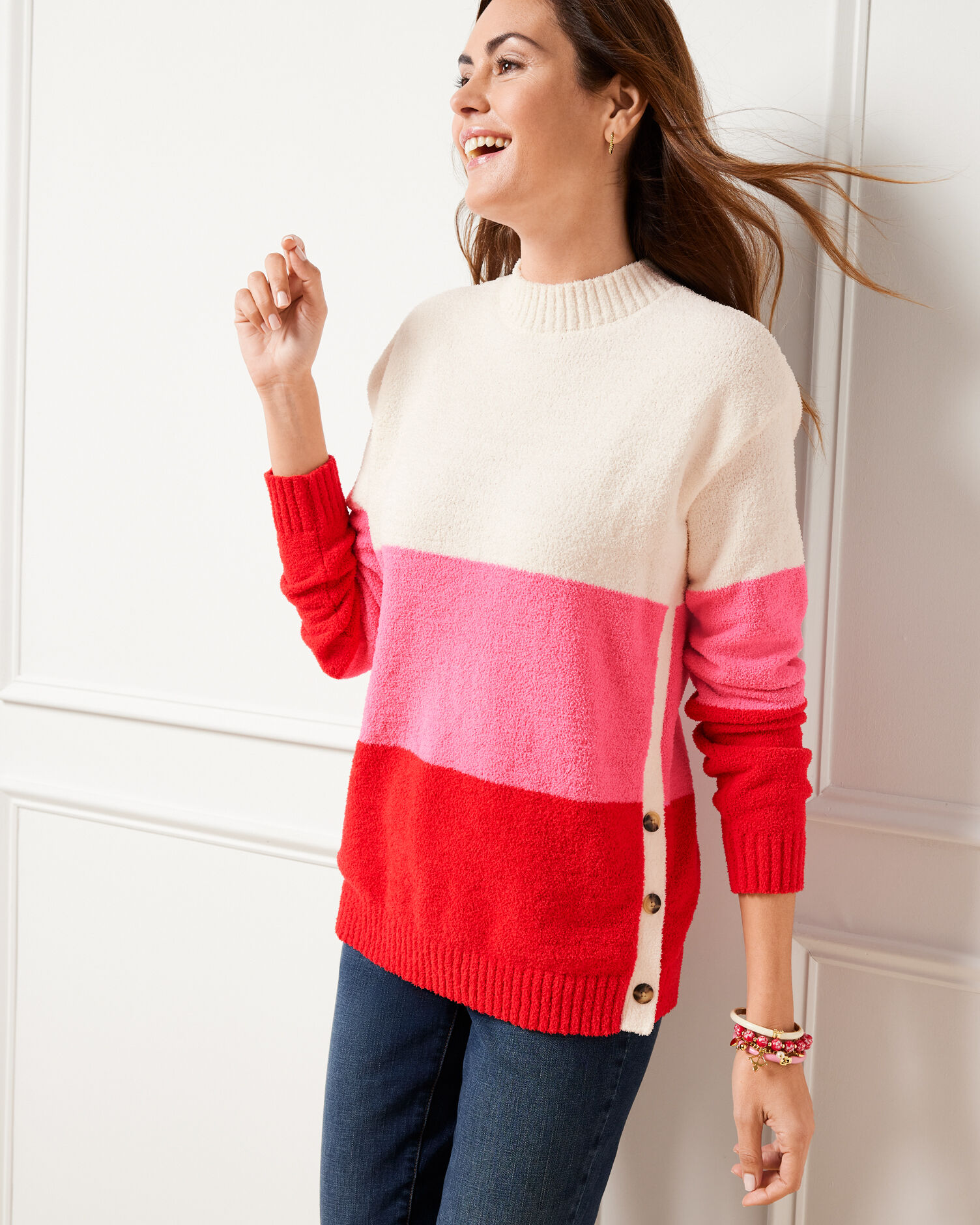 Soft Terry Crewneck Pullover - Blocked Stripe
