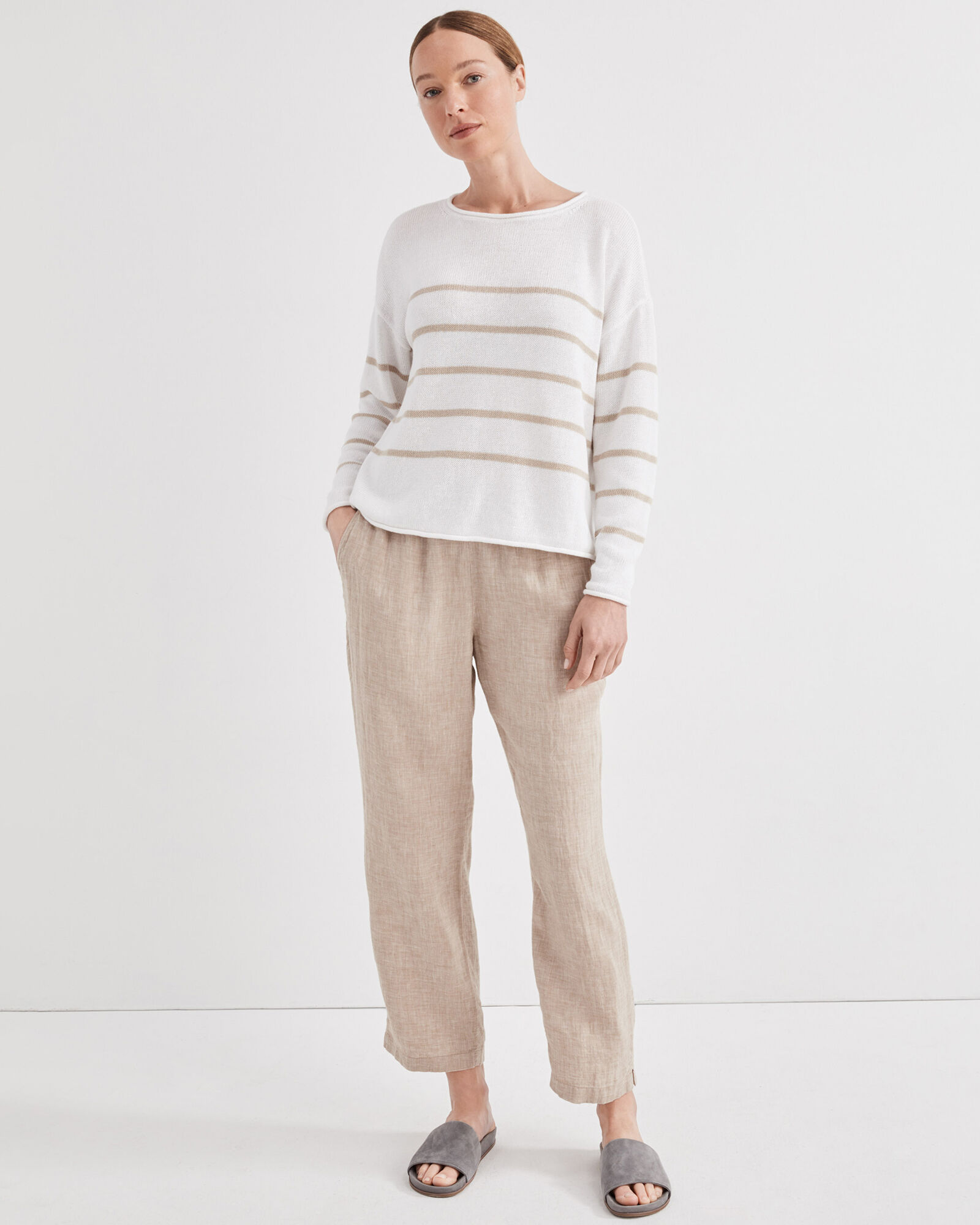 Linen Cotton Roll Neck Striped Sweater